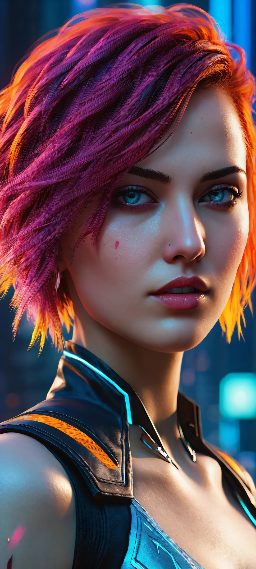 A stunning video game girl with short hair and nose ring, placed in the lower-middle against a neon-lit cityscape background on an iPhone or Android device.