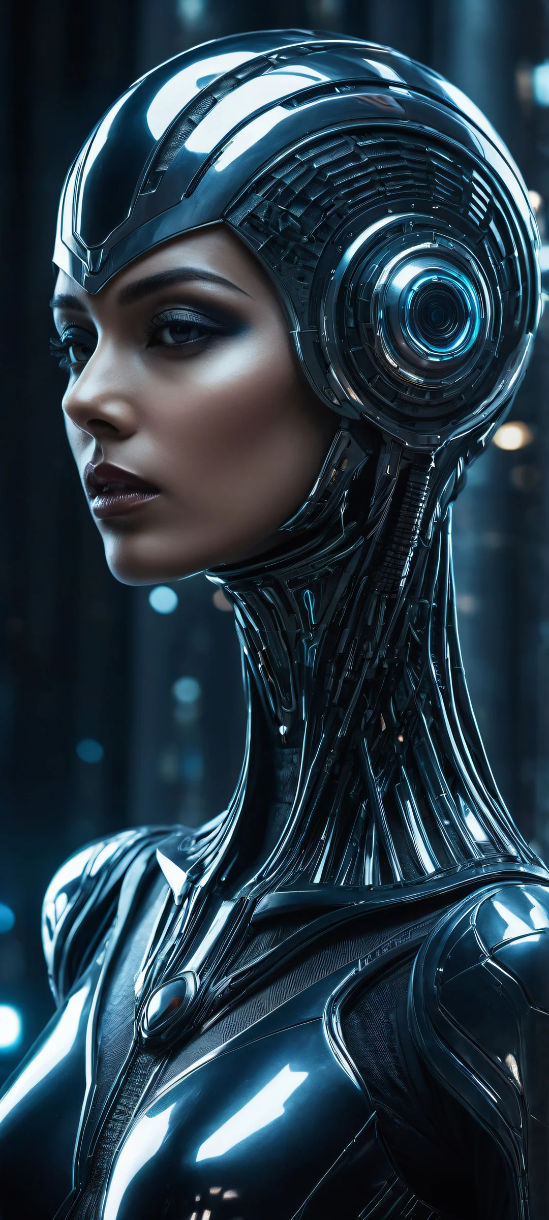 A stunning cyberpunk artwork featuring a futuristic female figure on iPhone and Android devices.