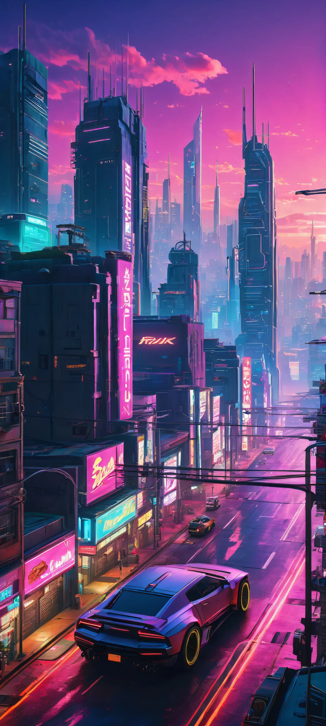 A stunning vertical artwork of a cyberpunk cityscape for iPhone and Android devices. Perfectly optimized for home screens.