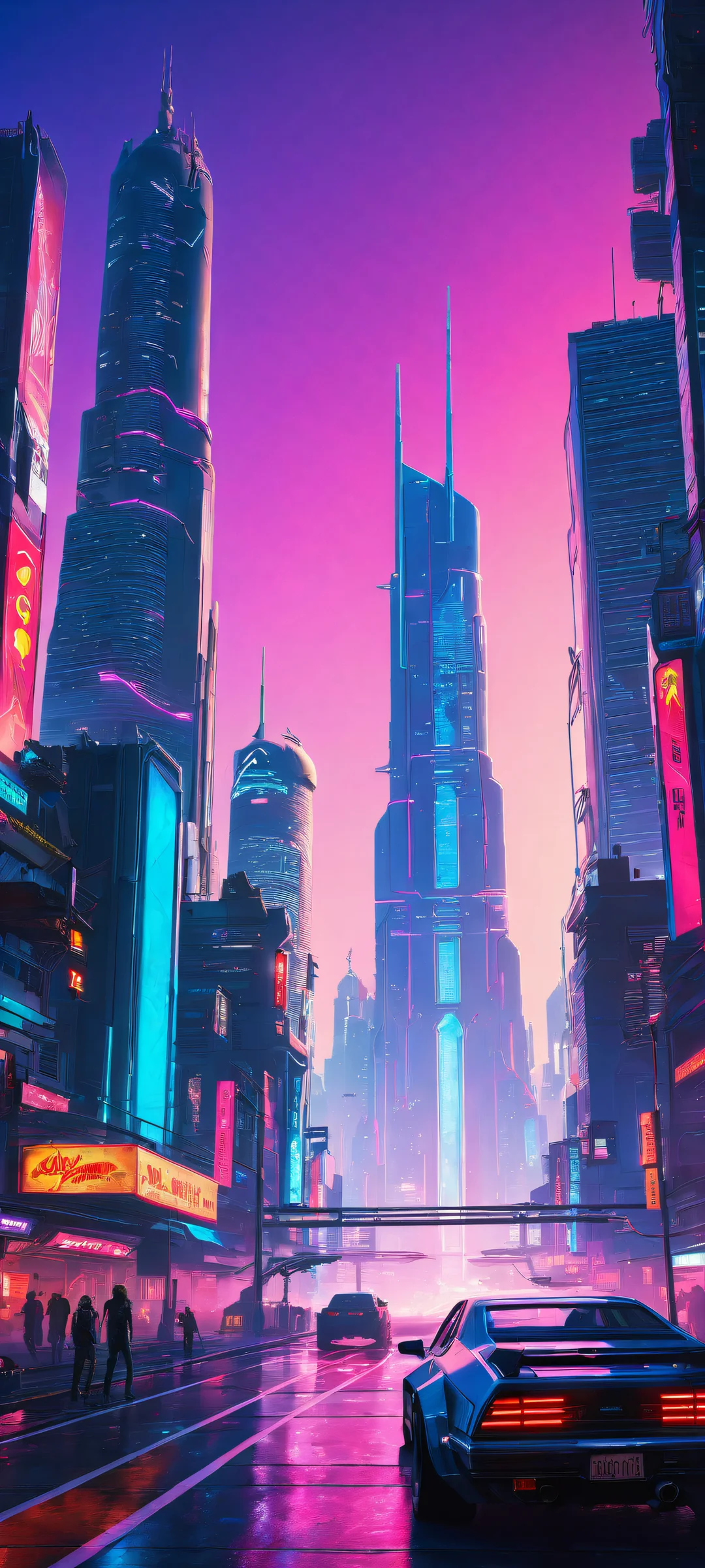 A futuristic cityscape from Cyberpunk 2077's world, featuring a dominant palette of neon blues, bright reds, and deep purples. iPhone/Androidのホーム画面に完全に最適化.