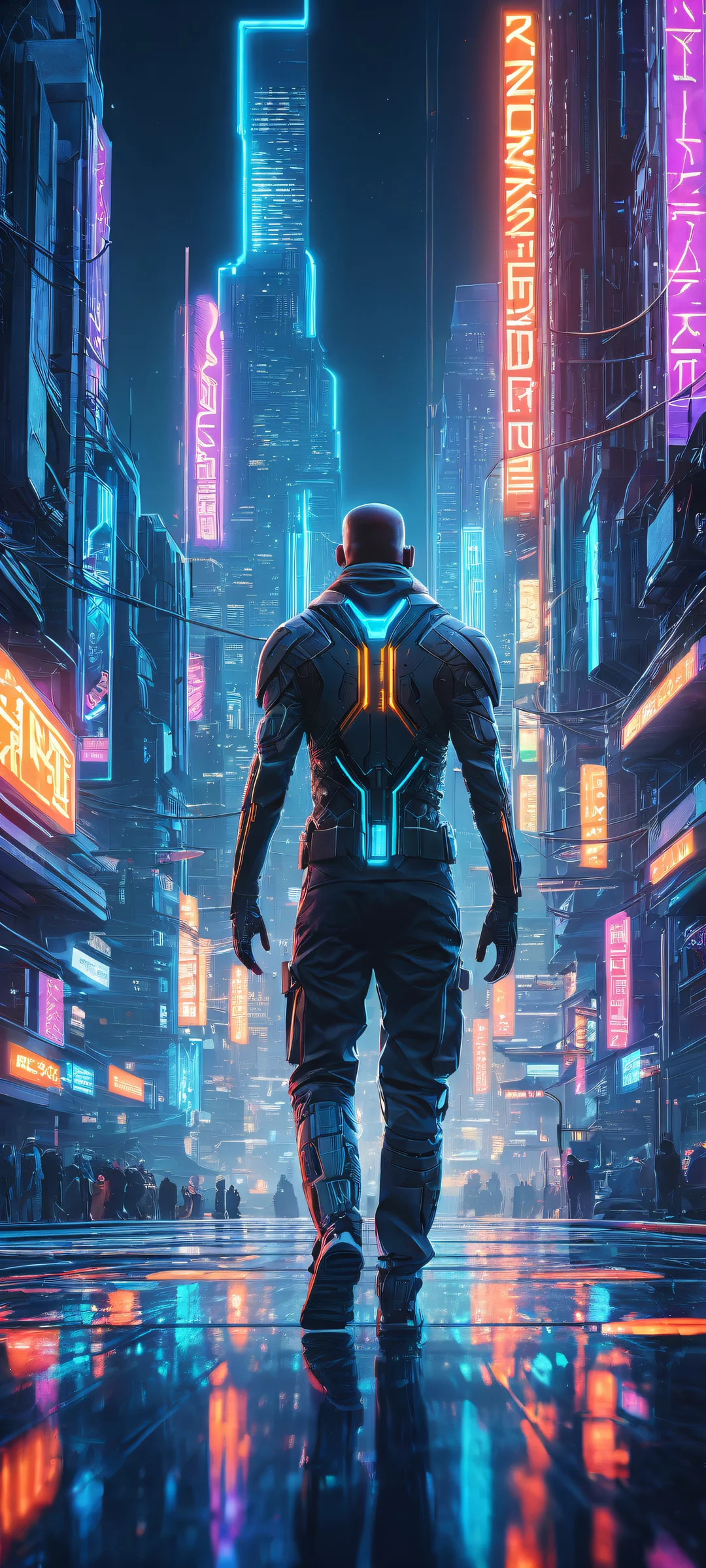 Vertical portrait of cybernetic limbs and wires on a futuristic cityscape at dusk, perfect for iPhone or Android home screens.