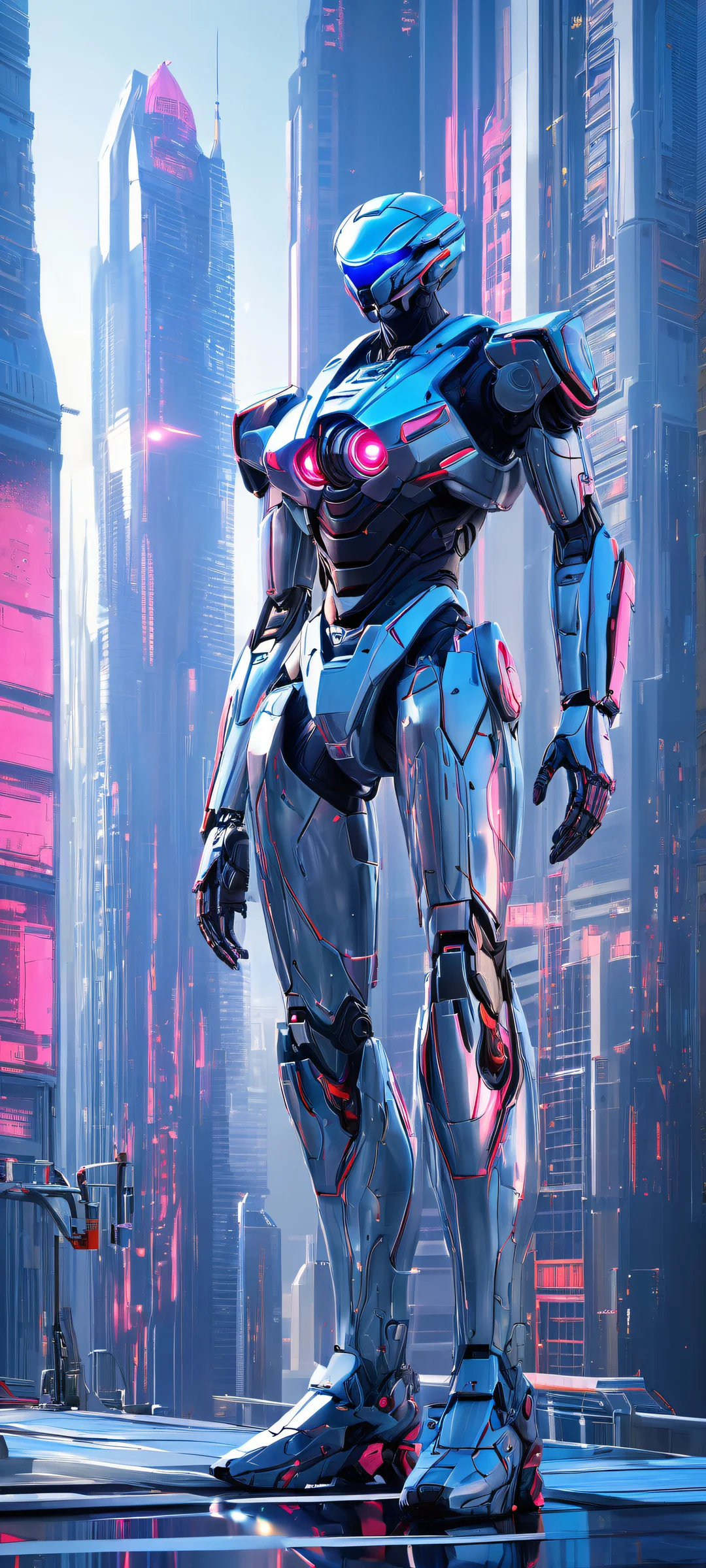 A futuristic mecha standing tall in a metropolitan cityscape at dusk on iPhone/Android.