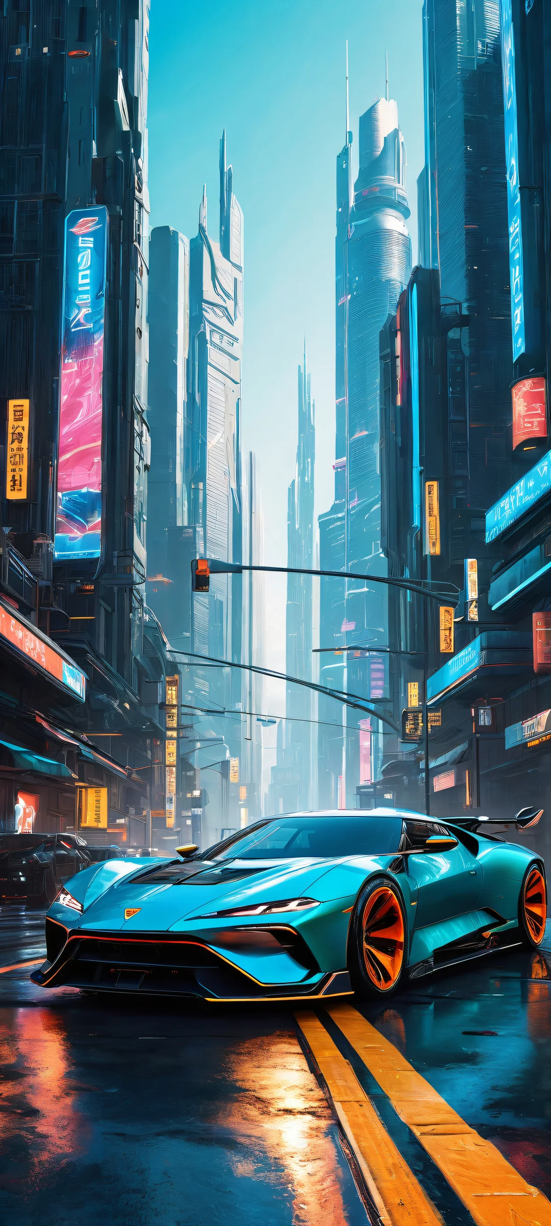 iPhone/Android wallpaper featuring a stunning cybercar in a futuristic cityscape with vibrant neon lights and metallic textures.