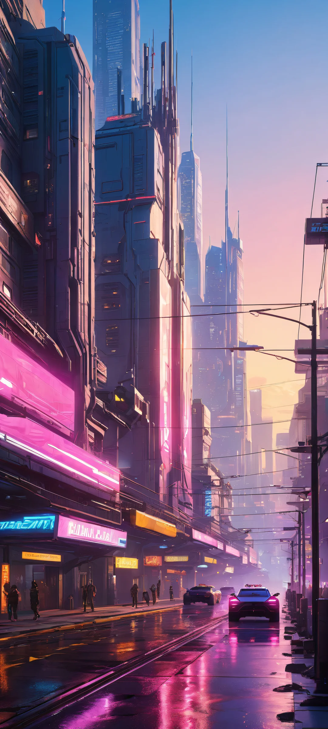 Cyberpunk Oasis 2K Phone Wallpaper Edgerunner in a futuristic cityscape at sunset on an iPhone or Android device. The neon lights and cyberpunk machinery are perfectly optimized for mobile home screens.