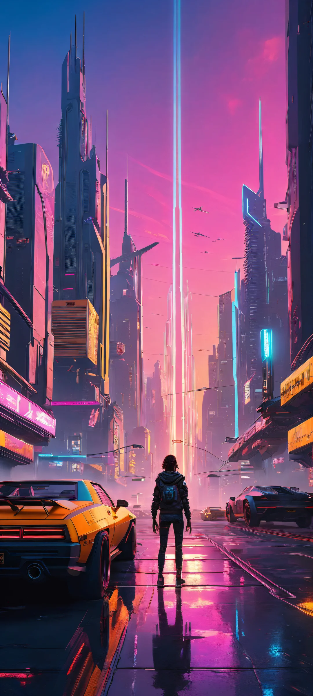 V and her companion in a futuristic cityscape on an iPhone or Android device. A beautiful blend of cybernetic enhancements and neon-lit streets.