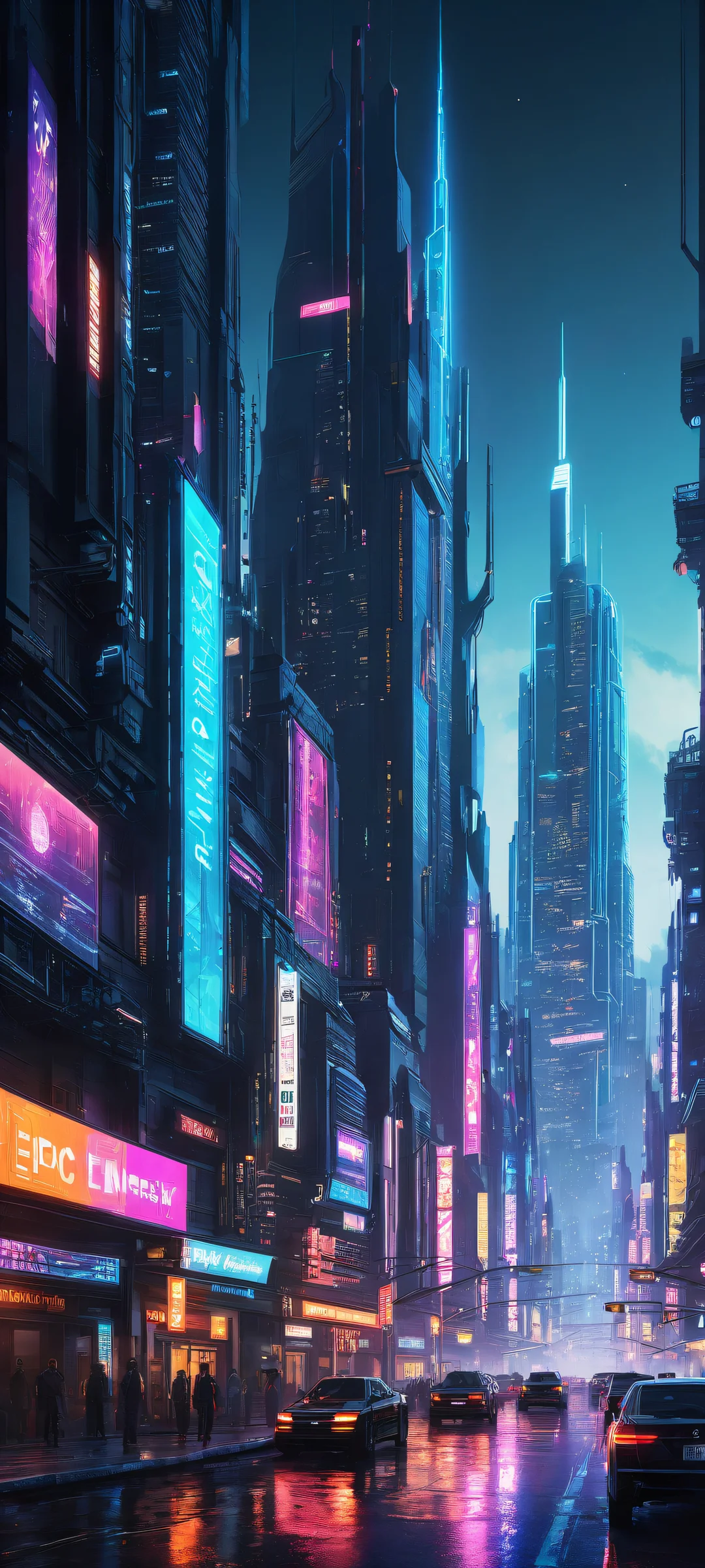 Futuristic cityscape for iPhone and Android. Perfectly optimized for seamless integration with Apple UI's sleek dark mode aesthetic.