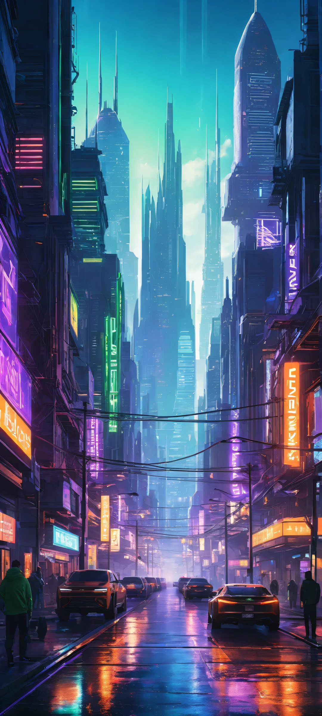 A breathtaking vertical portrait artwork of cybernetic components and futuristic cityscape, perfect for iPhone or Android home screens.