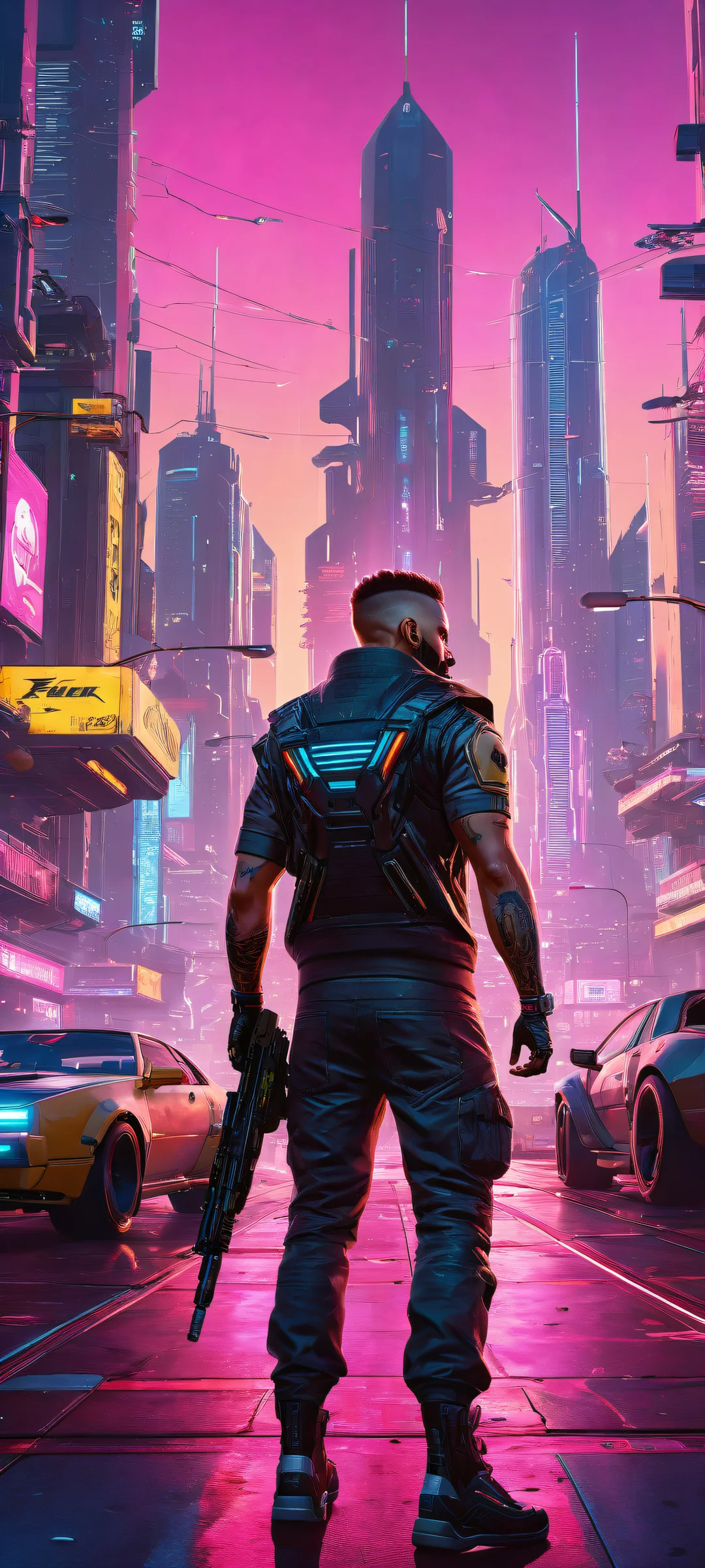 iPhone/Android users, immerse yourself in this breathtaking portrait artwork featuring video game characters amidst futuristic gear and cybernetic enhancements, set against a stunning cityscape at dusk.
