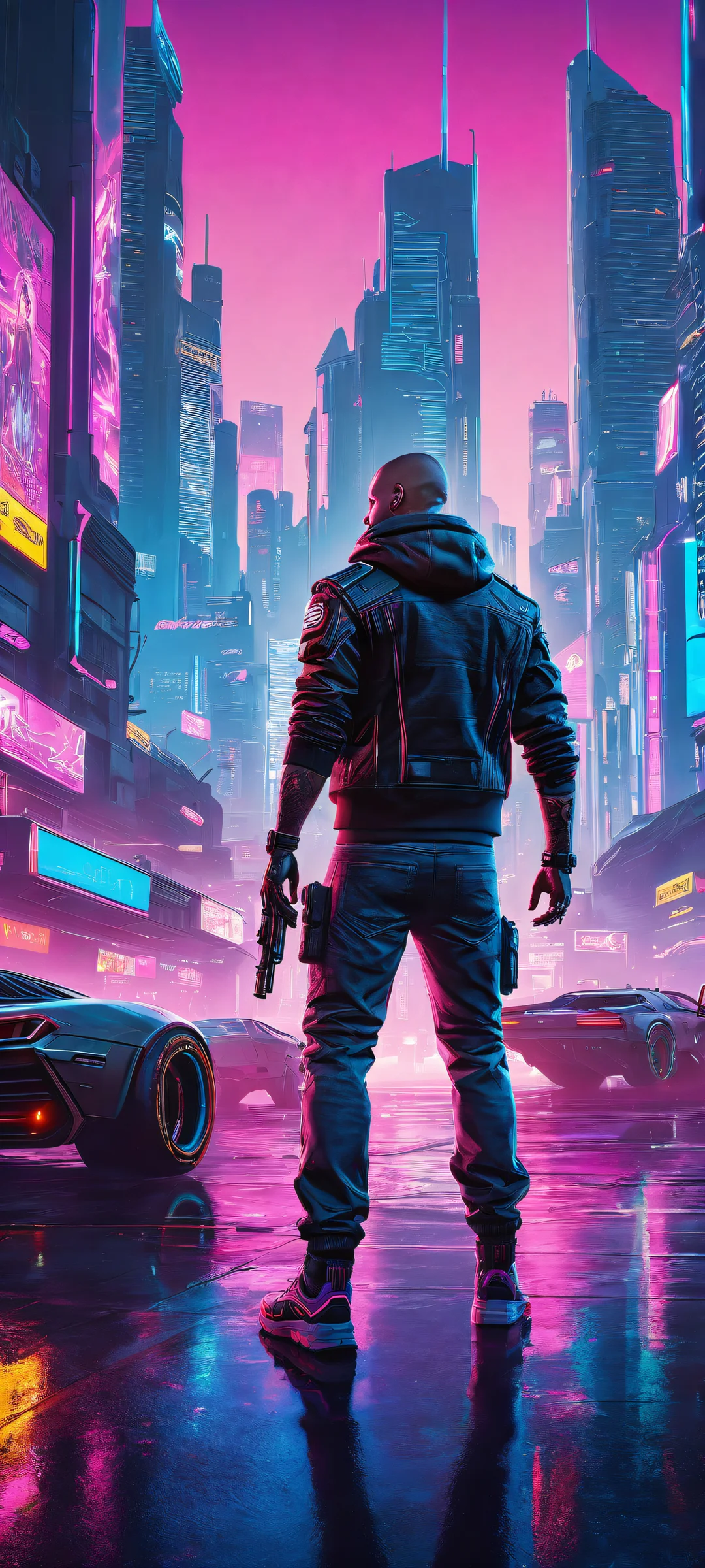 A breathtaking portrait of Cyberpunk 2077 characters against a vast neon-lit cityscape on iPhone/Android.