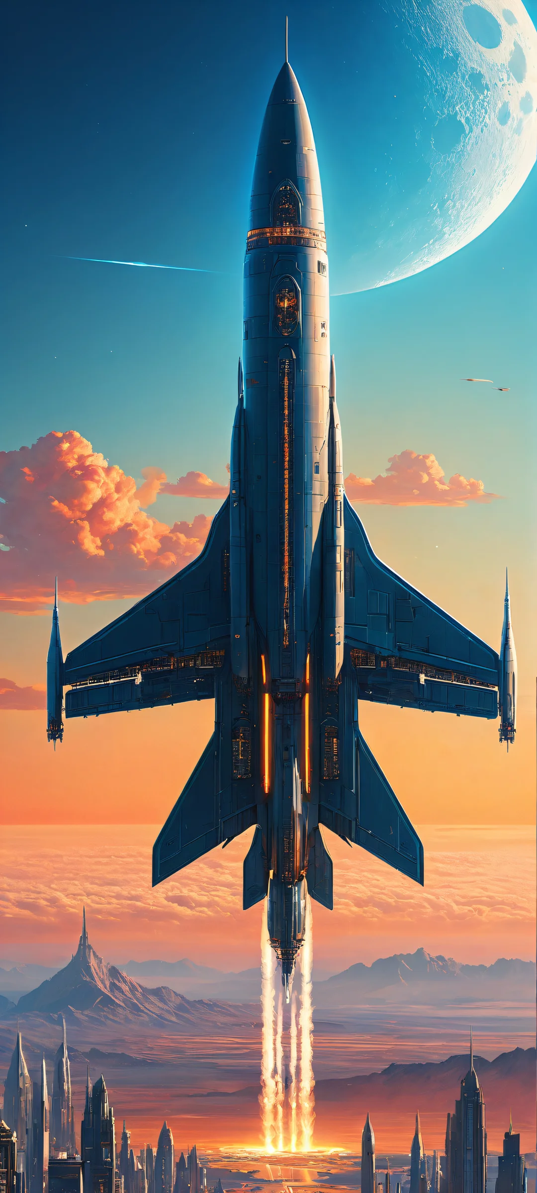 A futuristic spacecraft shines bright under the radiant full moon, iPhone/Android, breathtaking digital art, neon blues and oranges