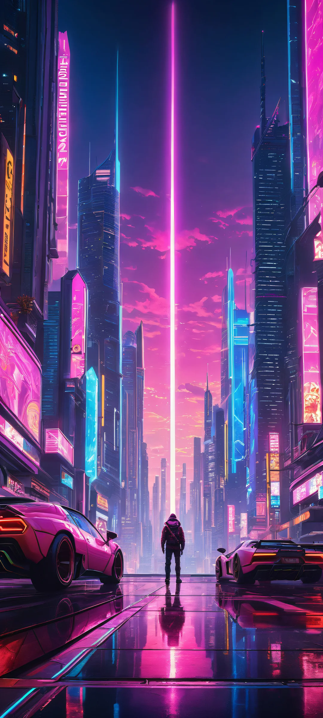 iPhone/Android users will be mesmerized by this breathtaking artwork featuring Video Game Characters set against a futuristic cityscape with neon-lit skyscrapers and holographic advertisements.