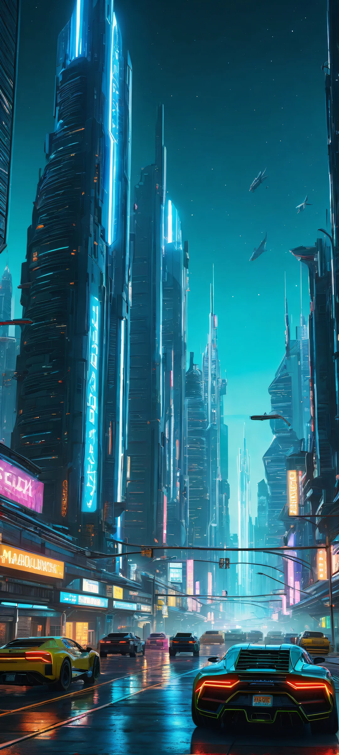 A breathtaking vertical portrait of cybernetic organisms set against a futuristic cityscape at night, Perfectamente optimizado para pantallas de inicio de iPhone y Android..