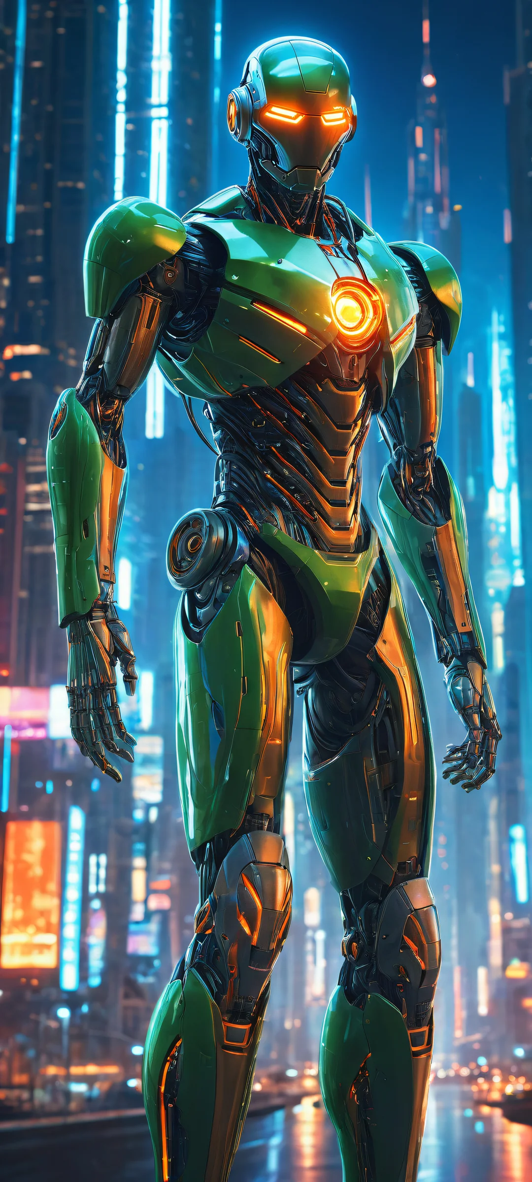 Futuristic robot in a neon-lit cityscape on an iPhone/Android phone