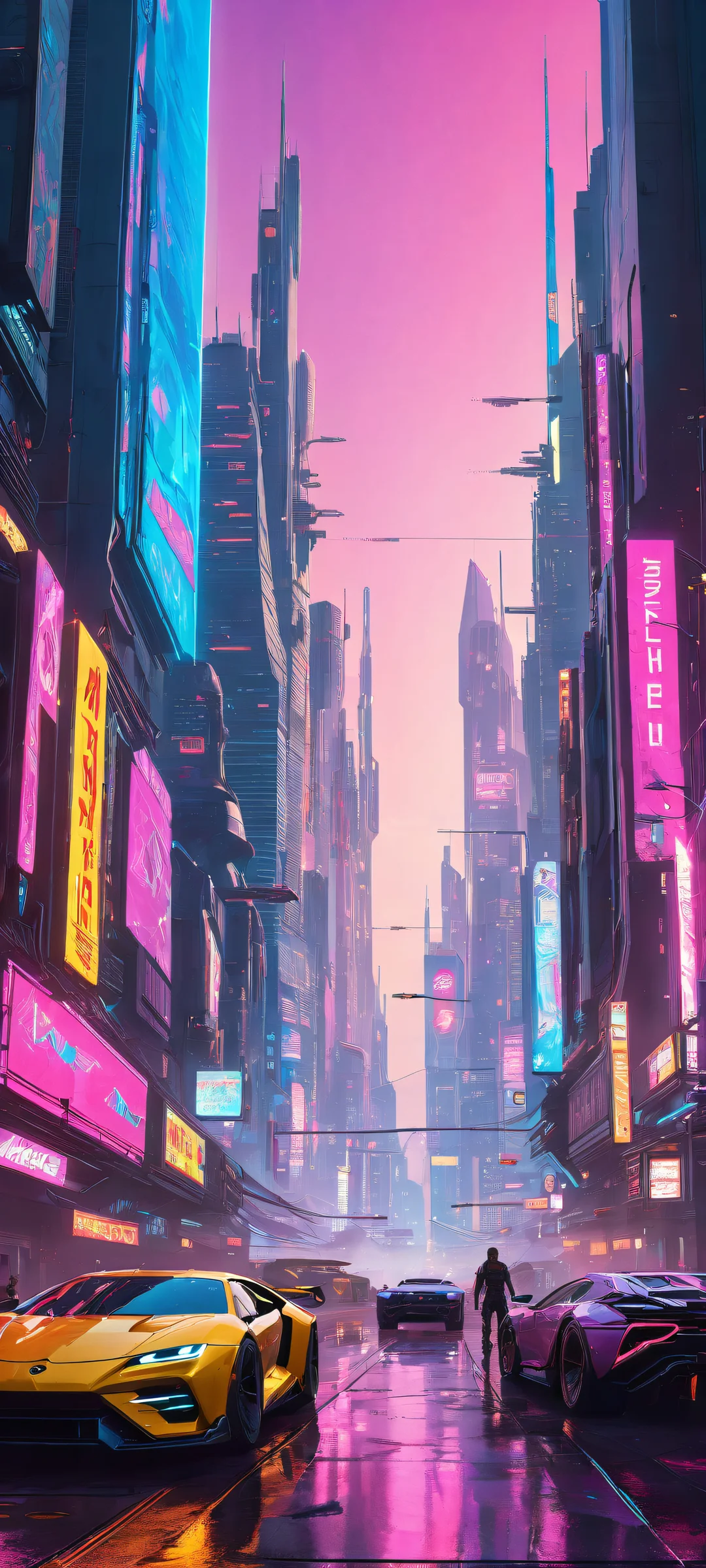 Breathtaking portrait artwork of video game characters amidst cyberpunk machinery and futuristic cityscapes. iPhone/Androidのホーム画面に最適.