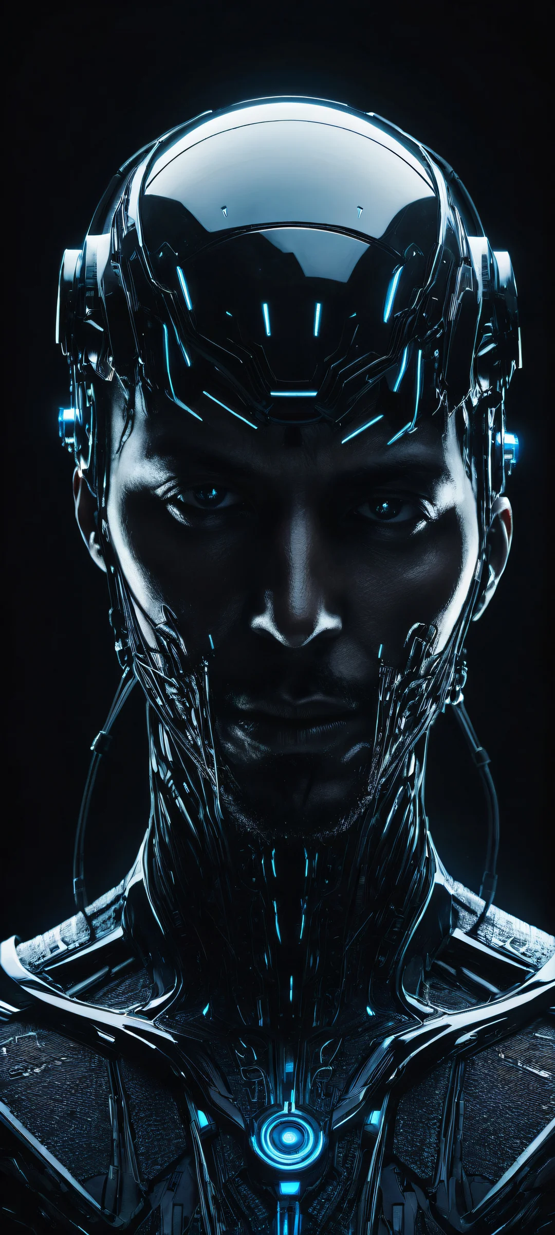 A figure with intricate sensors and antennas on their head stands in the lower-middle, partially concealing their face, against a vast expanse of pure darkness representing infinite possibilities, perfectly optimized for iPhone and Android home screens.