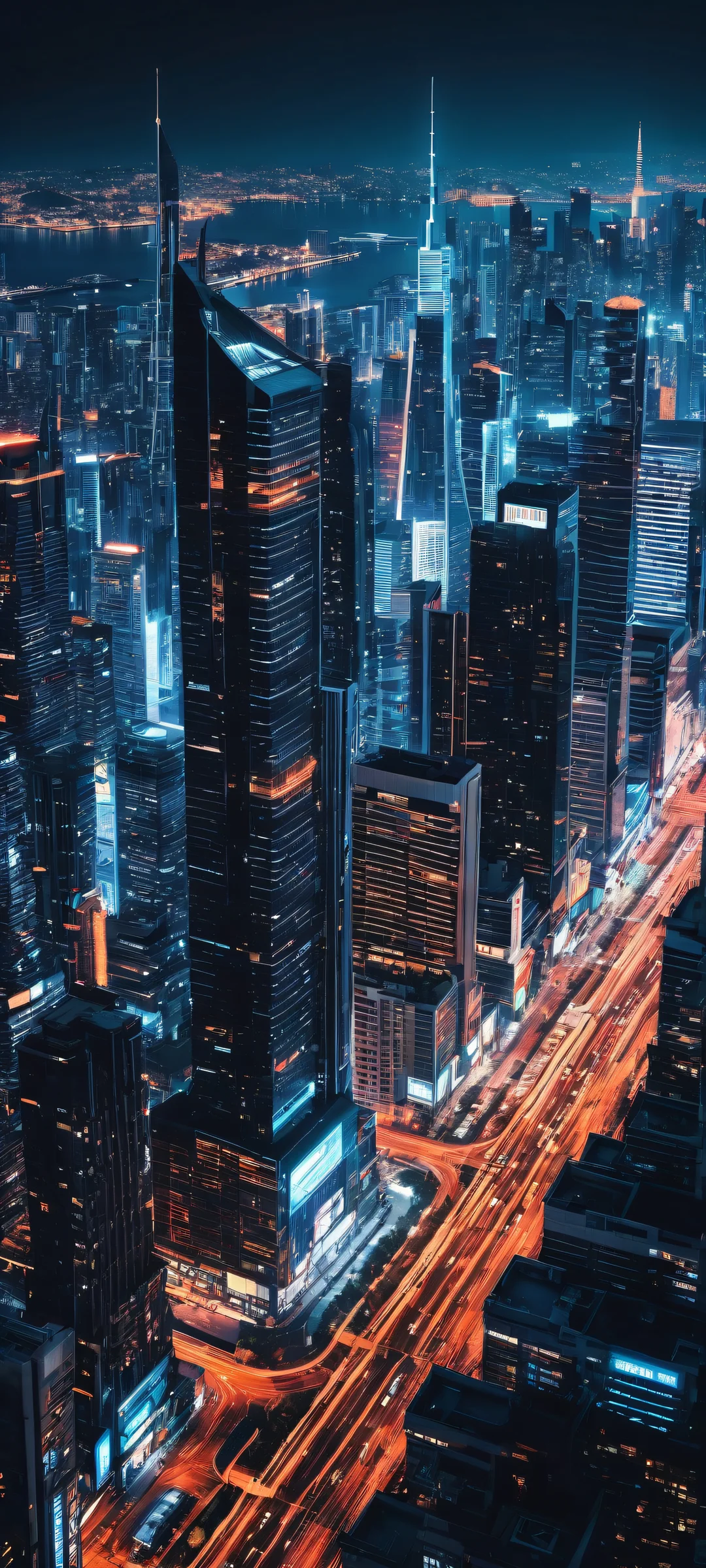 A futuristic cityscape on iPhone or Android with neon-lit skyscrapers and intricate circuitry patterns, perfekt für Home-Bildschirme.