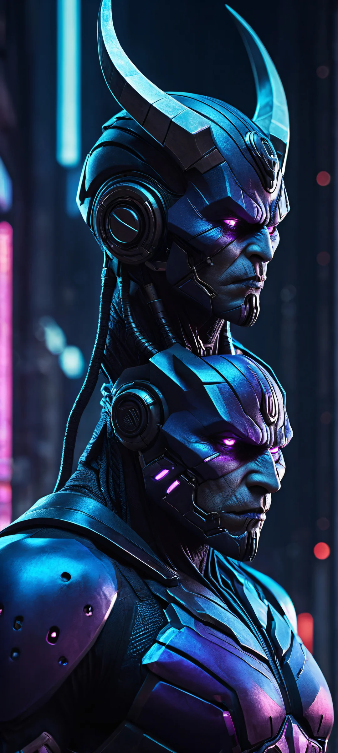 Breathtaking cyberpunk artwork of an Oni placed in the lower-middle with insane micro-details and intricate facial features, iPhone/Android compatible.