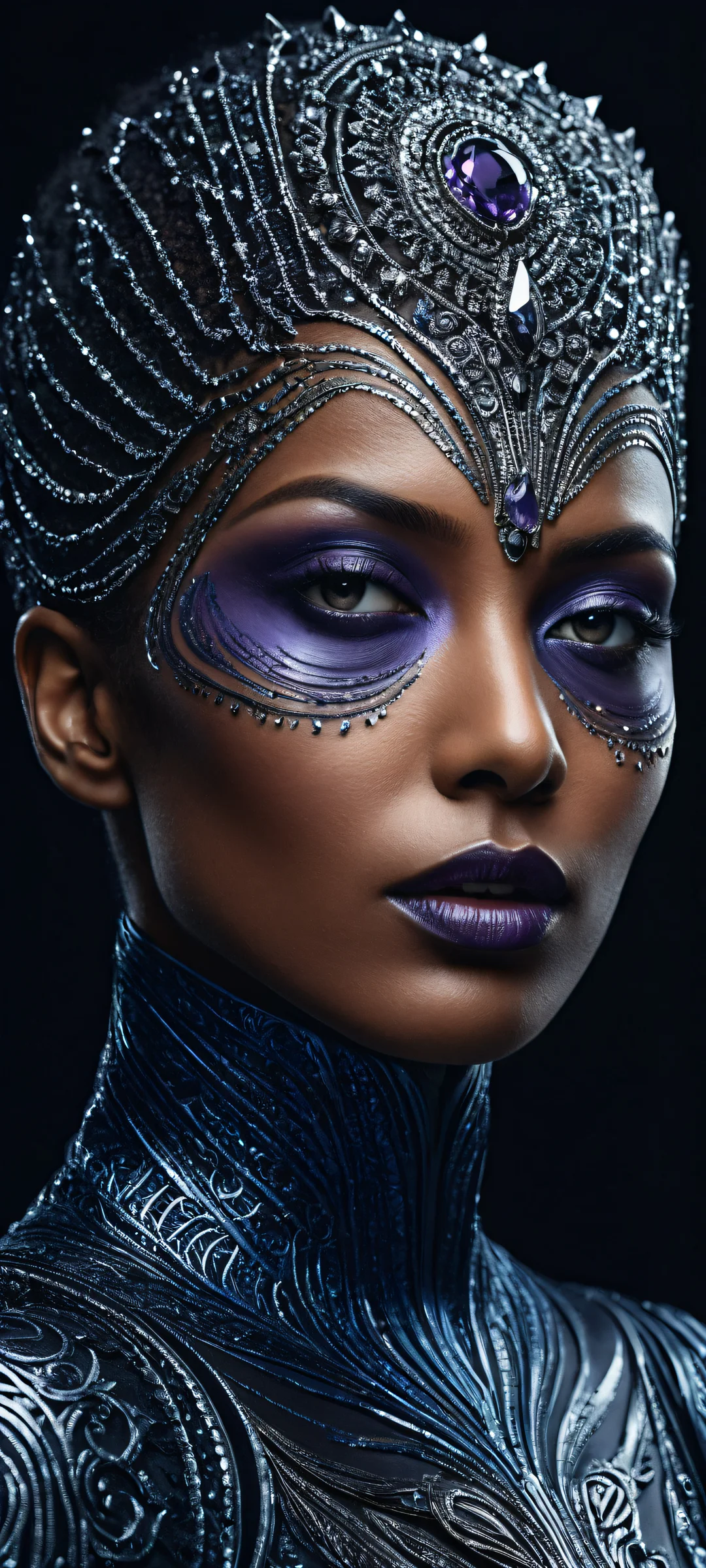 Award-winning digital artwork of a highly detailed face with intricate micro-details on an iPhone/Android device, set against a vast pure void, perfect for UI widgets.