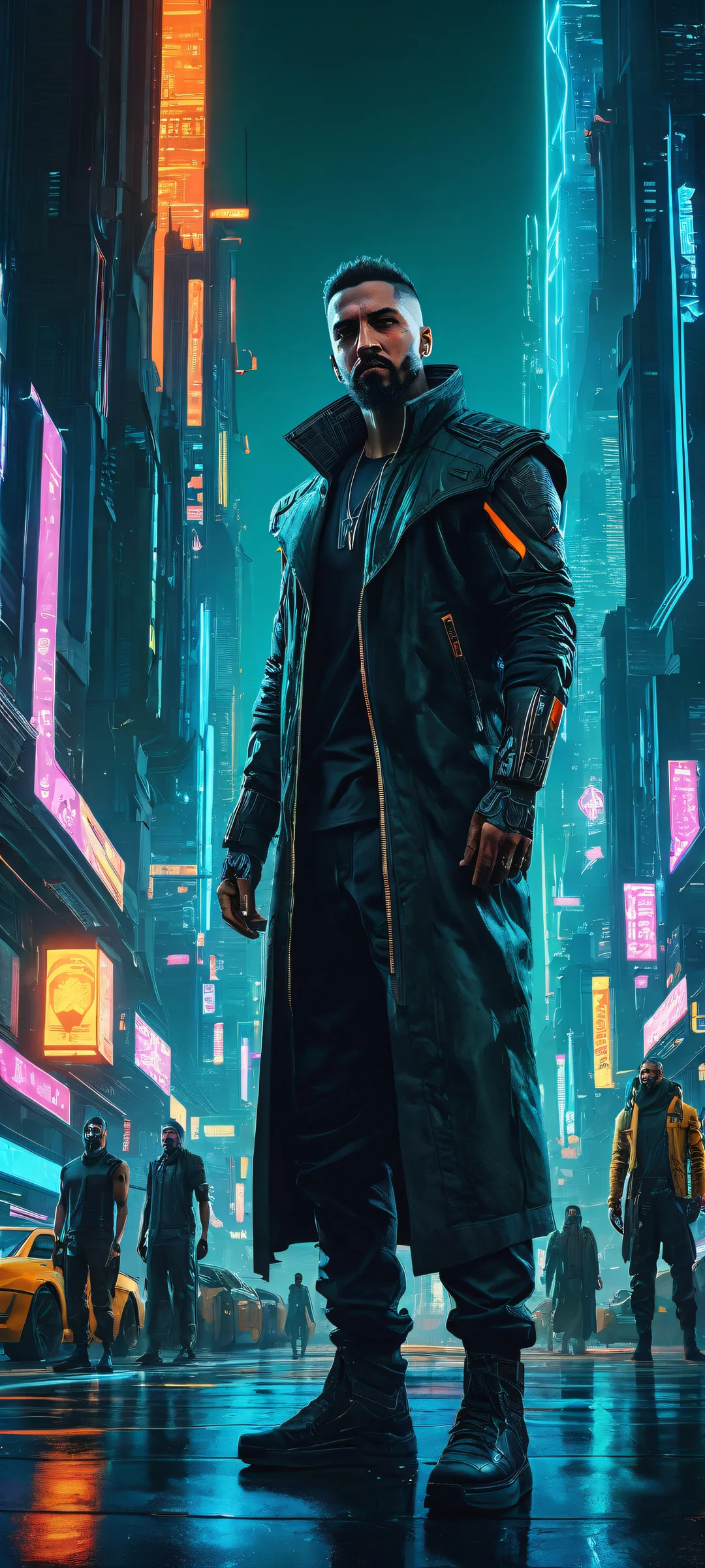 A group of men in cyberpunk attire against a dark urban landscape, perfeitamente otimizado para telas iniciais de iPhone e Android.