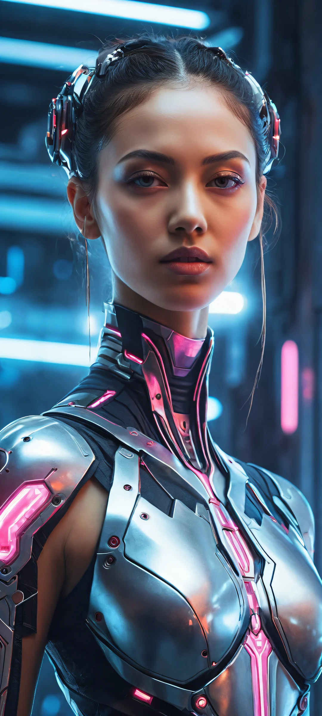 A stunning cyborg girl in a futuristic workshop, perfectly optimized for iPhone/Android home screens.