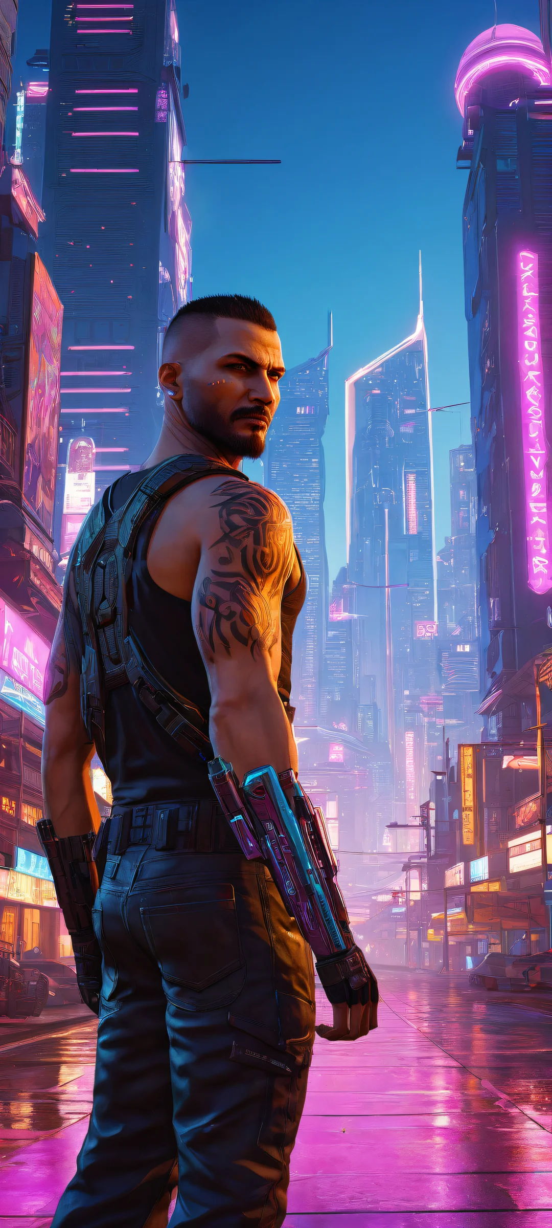 iPhone and Android users can immerse themselves in this breathtaking cyberpunk artwork, featuring Chuvak from Postal 2 holding a viewer's arm, amidst a neon-lit night sky with towering skyscrapers bearing Gazprom and Roskomnadzor logos.