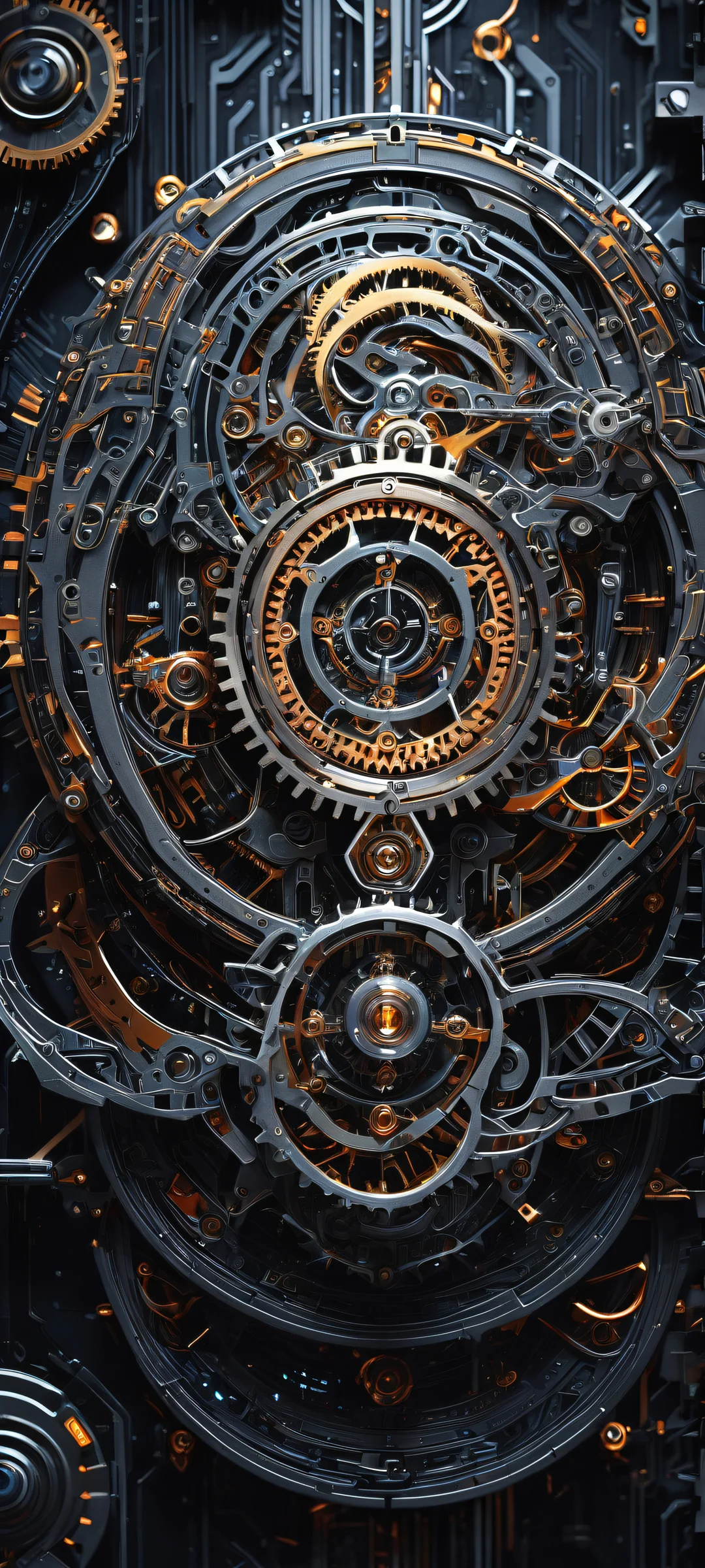 A breathtaking portrait of cyberpunk-inspired robots' gears and circuits on a clean background for iPhone/Android wallpapers.
