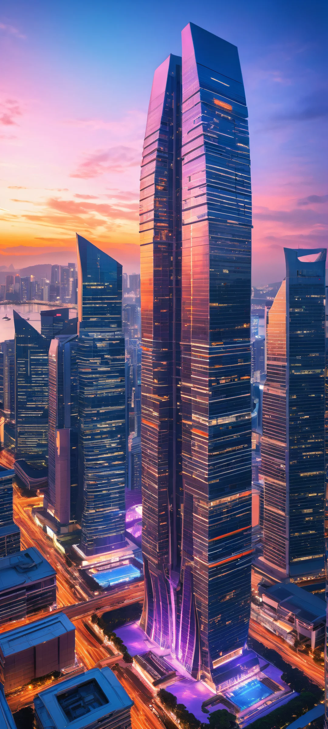 Cyberpunk Skyscraper Dreamscape 2K QHD Home Screen Futuristic Singapore skyscraper iPhone/Android wallpaper with neon hues and ray-traced reflections