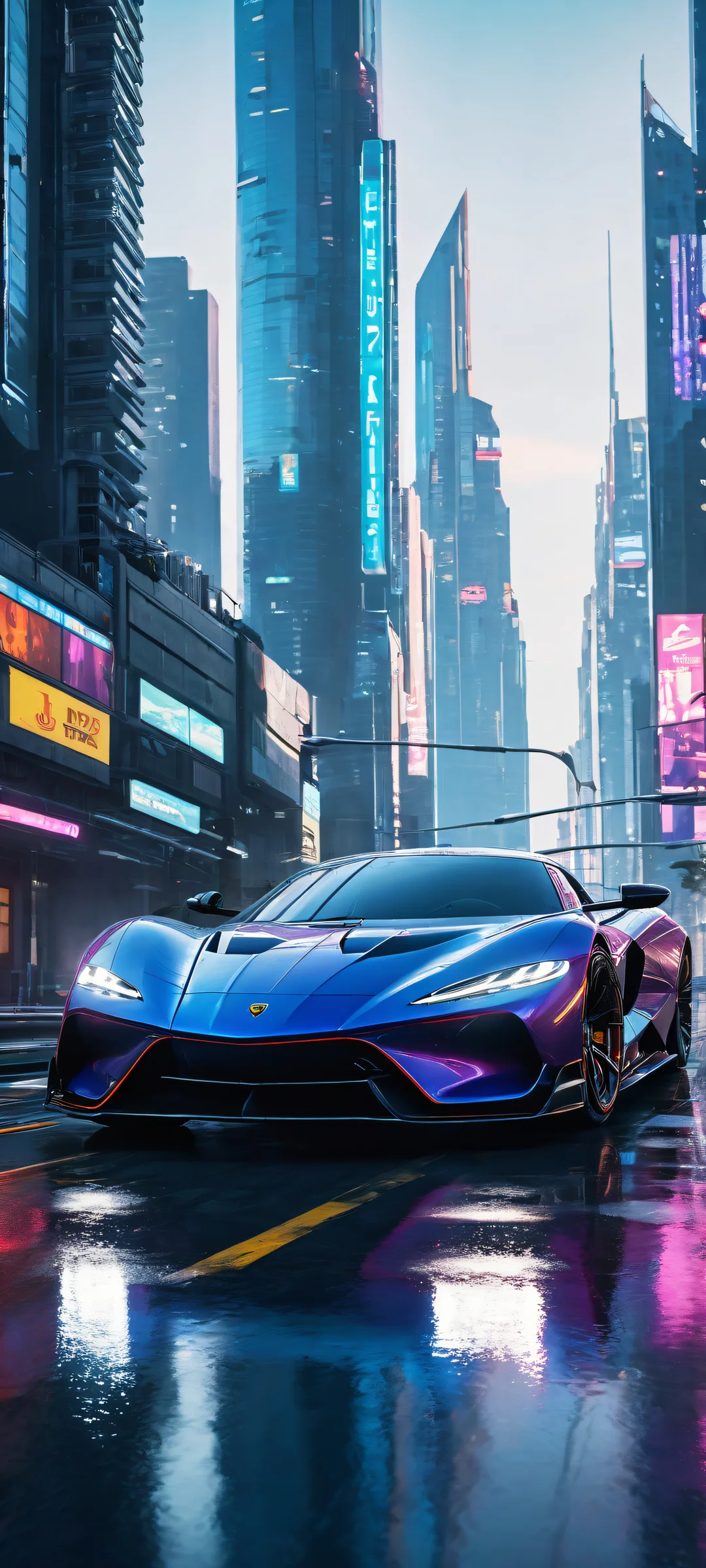 A stunning vertical portrait artwork of a futuristic sports car on an iPhone/Android device, featuring incredible micro-details and neon colors.