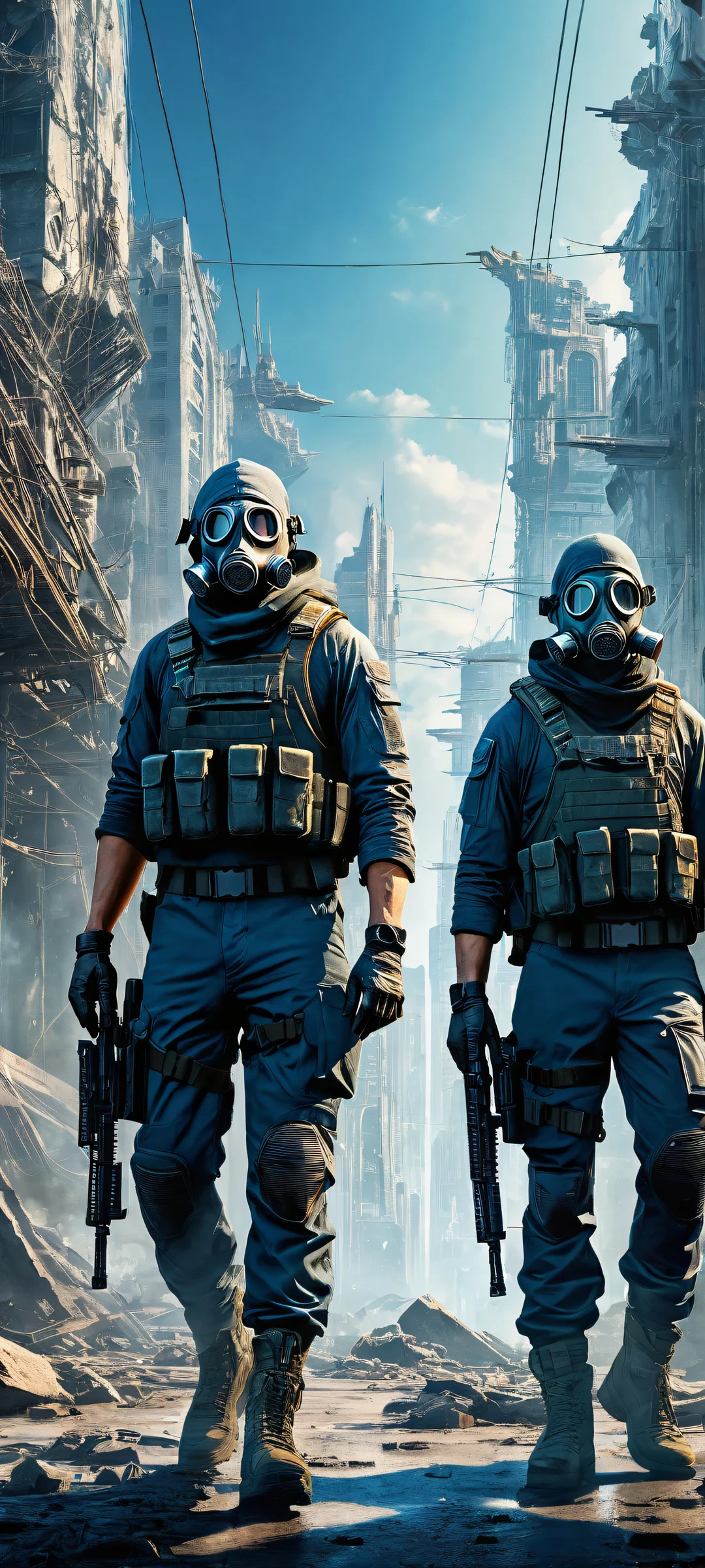 Three young men in futuristic attire, equipped with gas masks and rifles, stand against a gritty urban landscape on a 16:9 desktop background suitable for iPhone/Android.