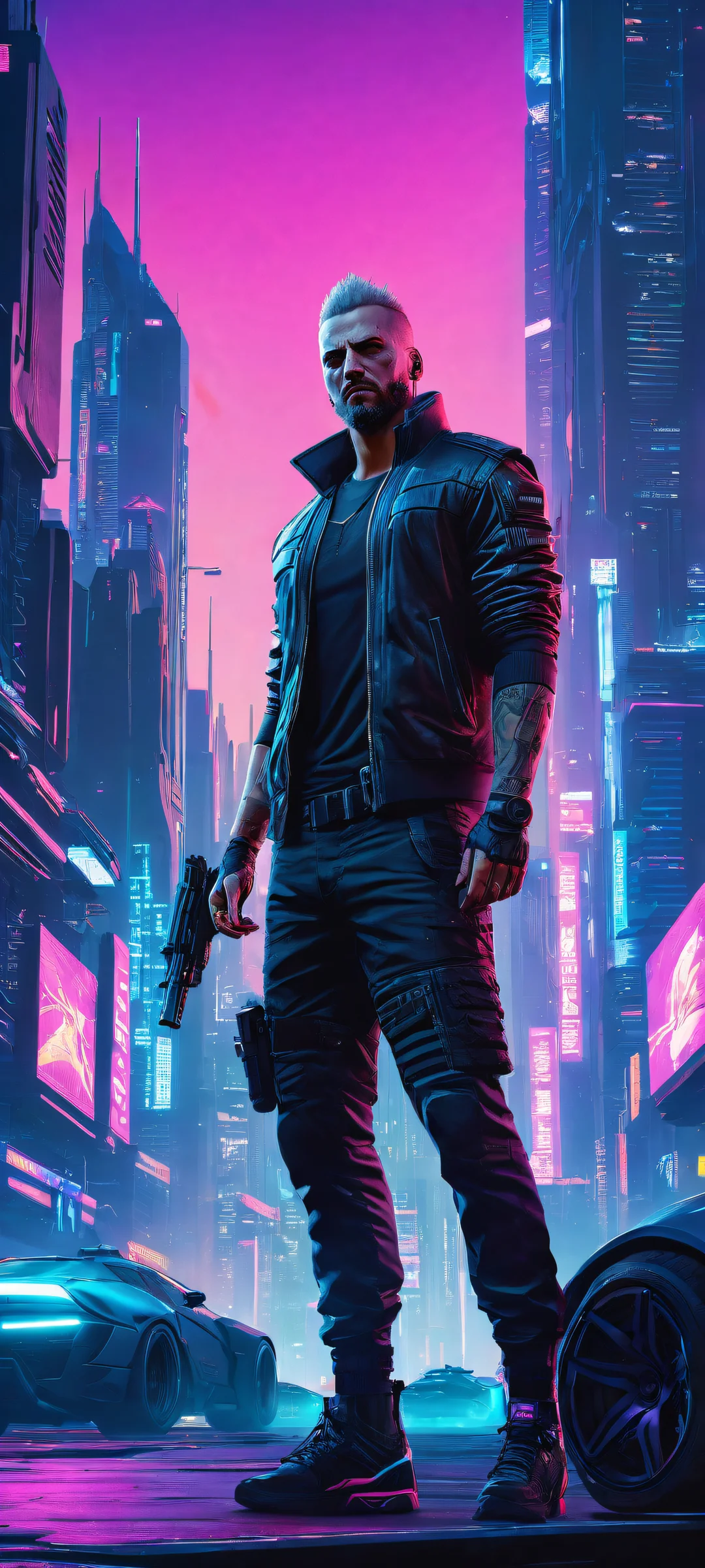 V (Cyberpunk 2077) portrait on iPhone/Android with neon hues and ray-traced reflections, perfect for mobile home screens.