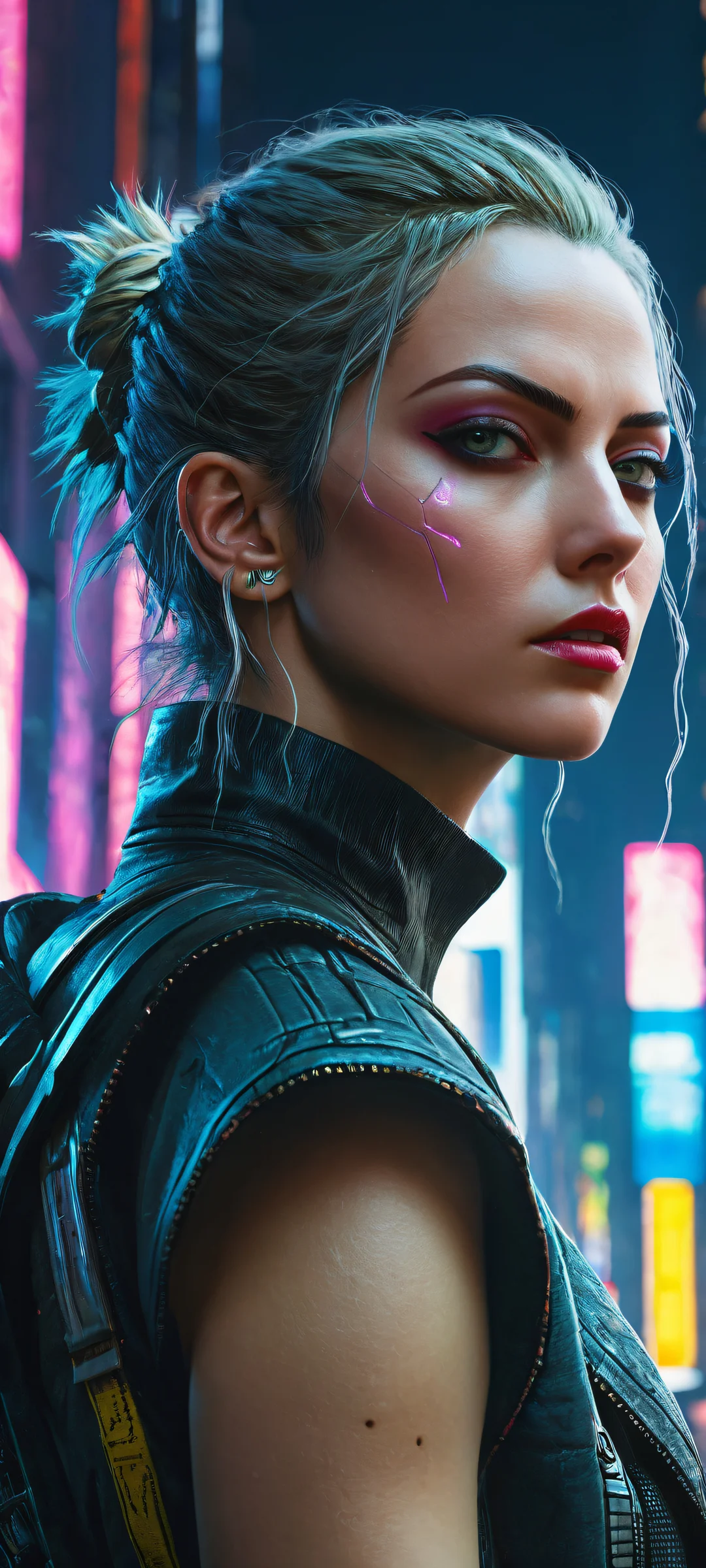V from Cyberpunk 2077 with incredible nail and lip details against a futuristic cityscape on an iPhone or Android device.