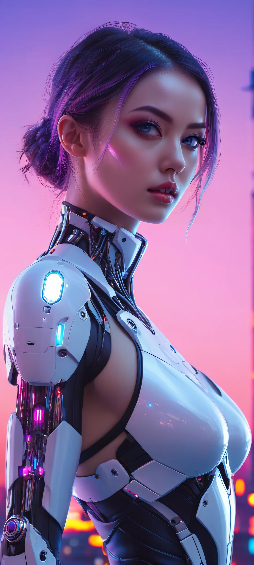 Cyborg Dawn Aesthetic Phone Wallpaper Futuristic cyborg girl on a neon-lit cityscape at dusk for iPhone and Android home screens.
