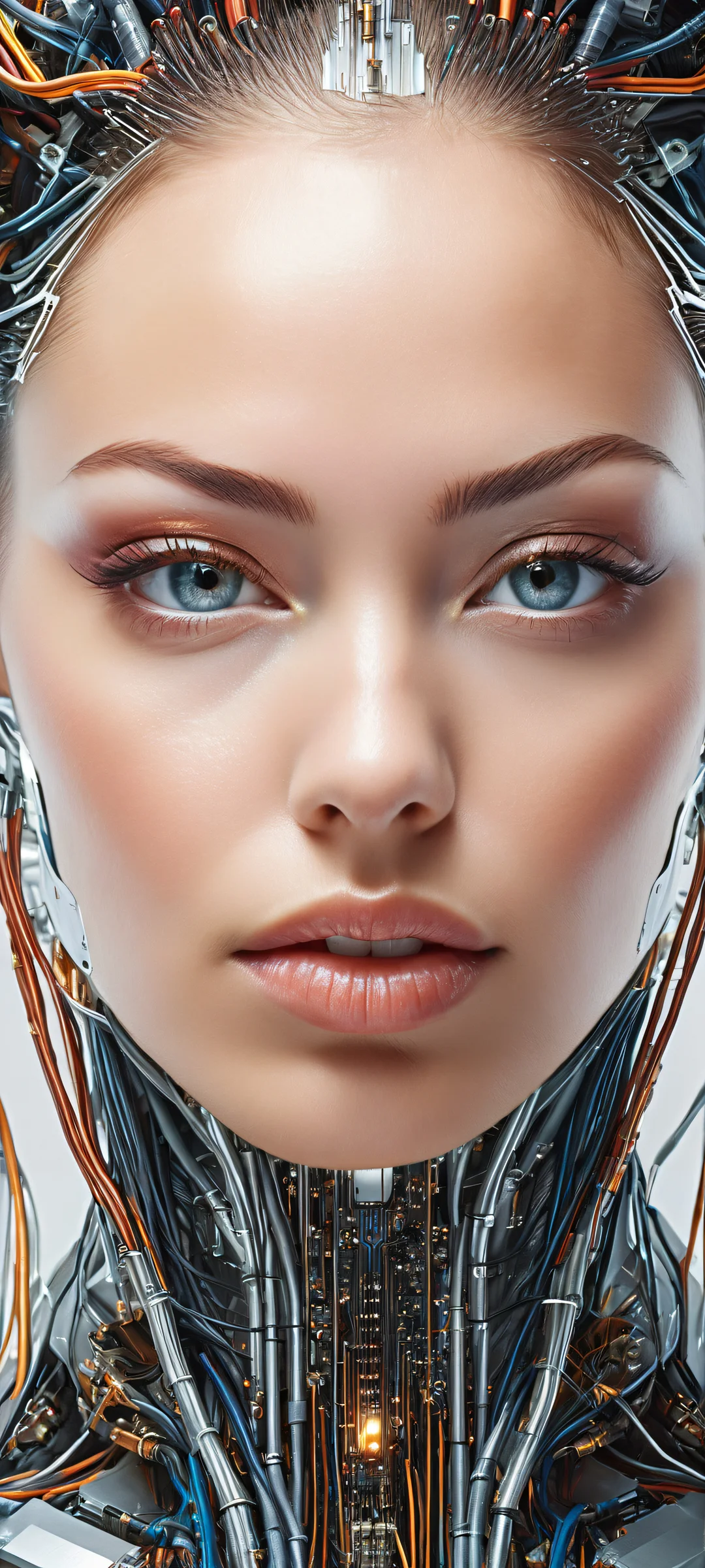 Cyborg's Digital Realm 2K Phone Wallpaper Cyborg stands in a lower-middle composition amidst intricate circuit boards and wires, with an iPhone/Android user gazing upon this stunning digital art piece.