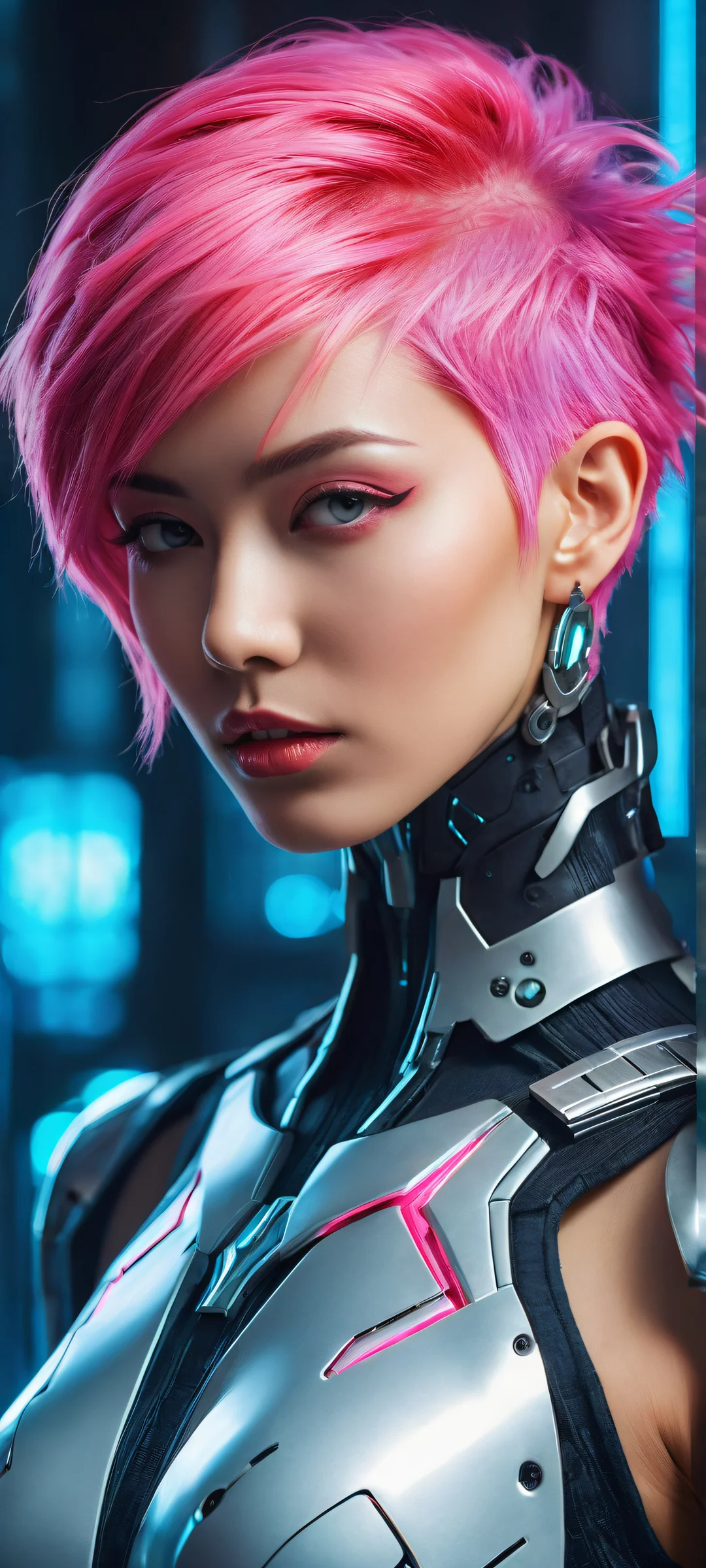 A half-body cyborg girl in a futuristic workshop, iPhone/Android compatible wallpaper with neon pink hair and stunning visual impact.