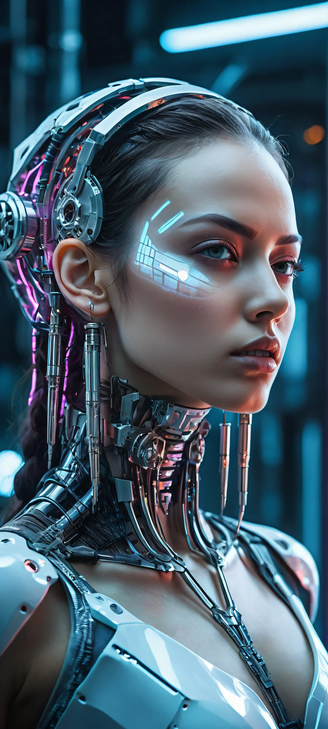 A futuristic cyborg girl stands in her mechanical workshop on an iPhone or Android device, with a focus on her glowing soldering iron and intricate details.