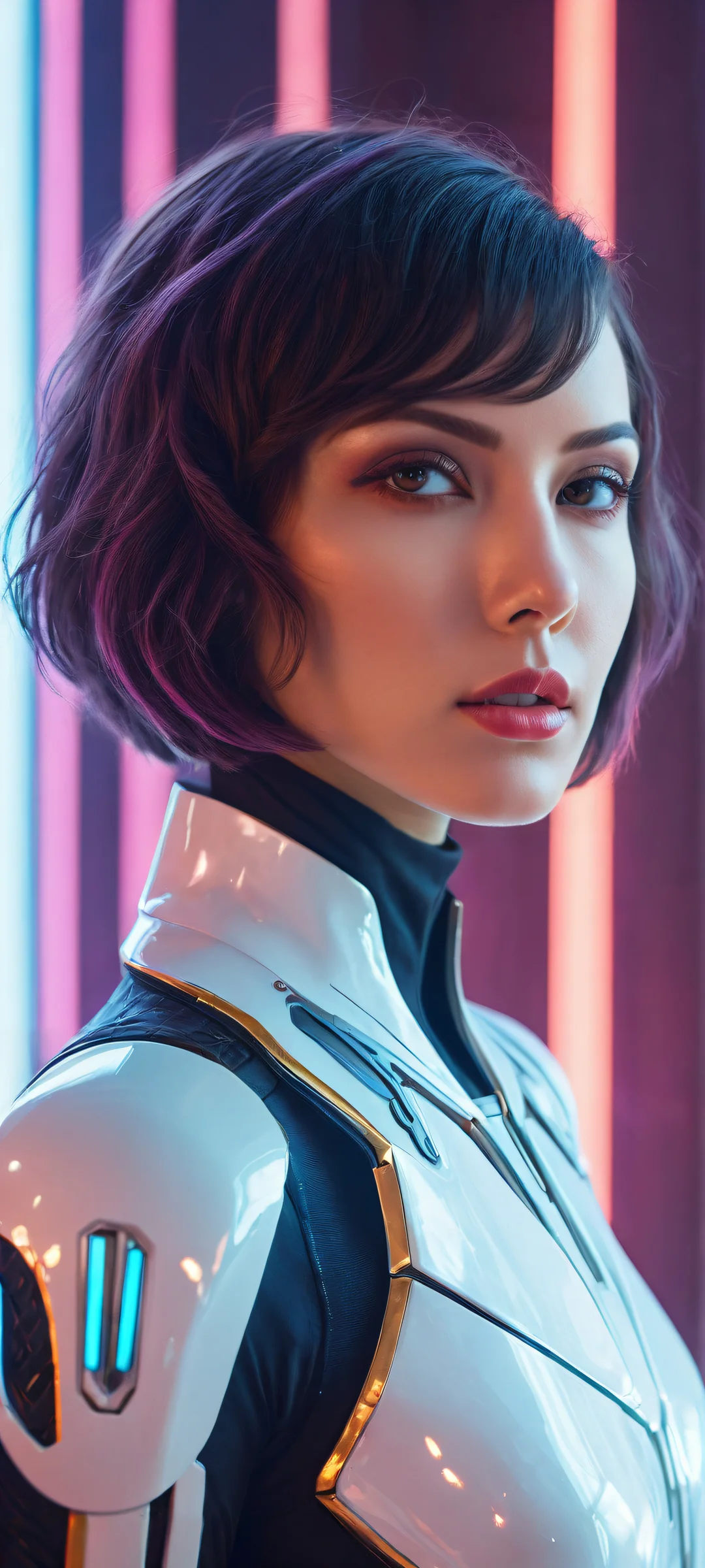 A futuristic cyborg woman looking away from the camera on a clean white background, perfect for iPhone/Android home screens.
