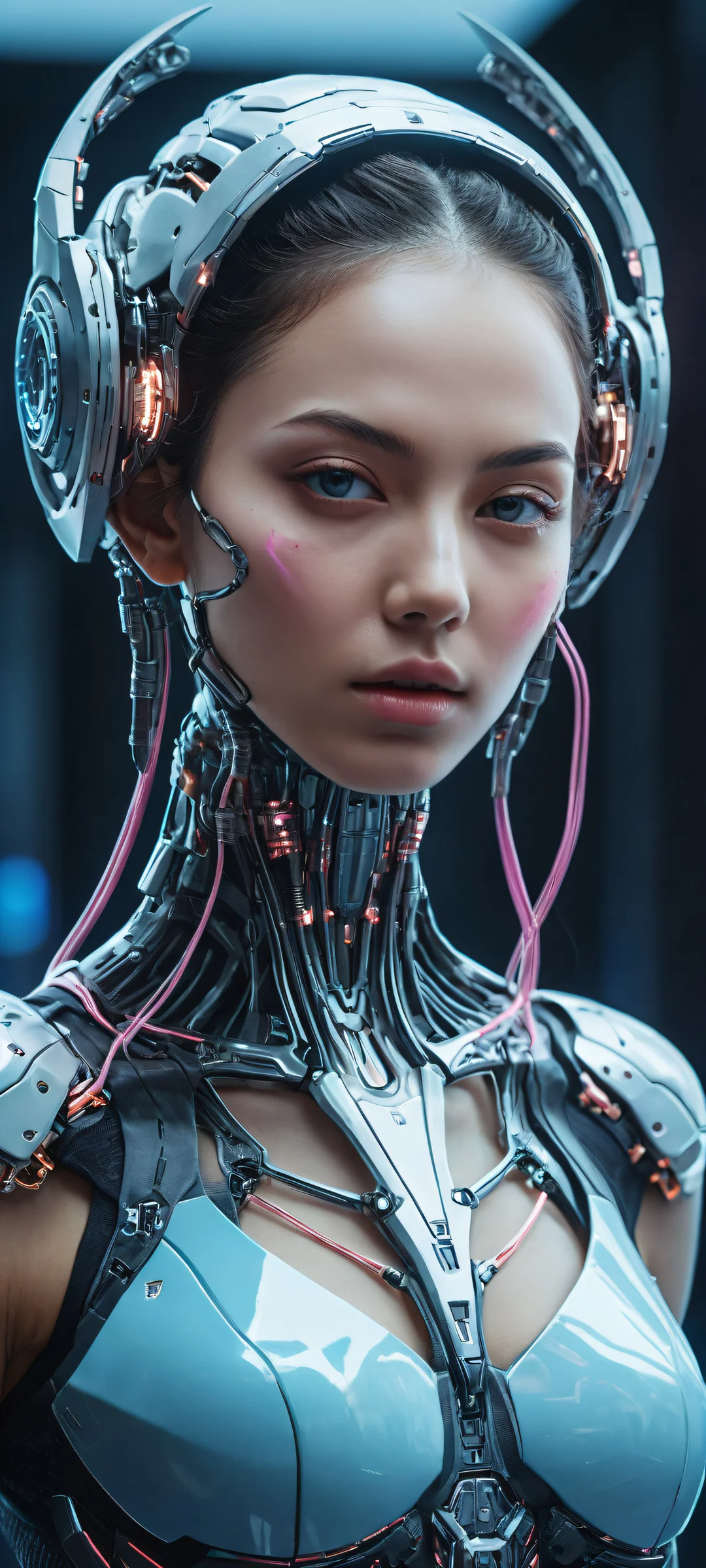 A cyborg girl intensely repairing a detached skull on iPhone/Android, with breathtaking digital art and stunning visual impact.