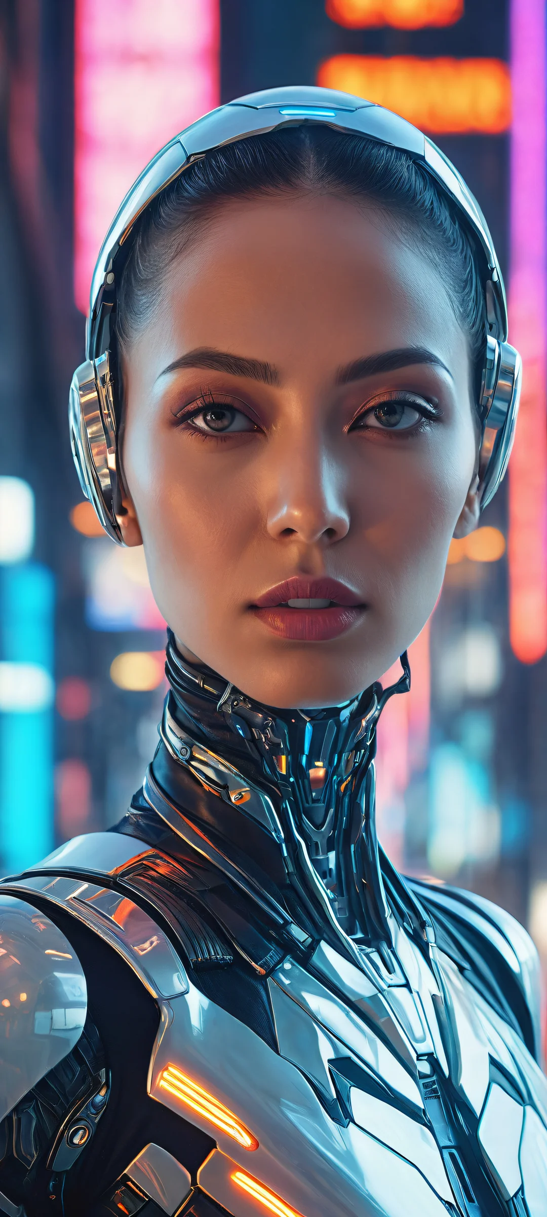 Cyborg Horizon Lock Screen for iOS & Android A futuristic cyborg against a blurred neon-lit background for iPhone/Android home screens.