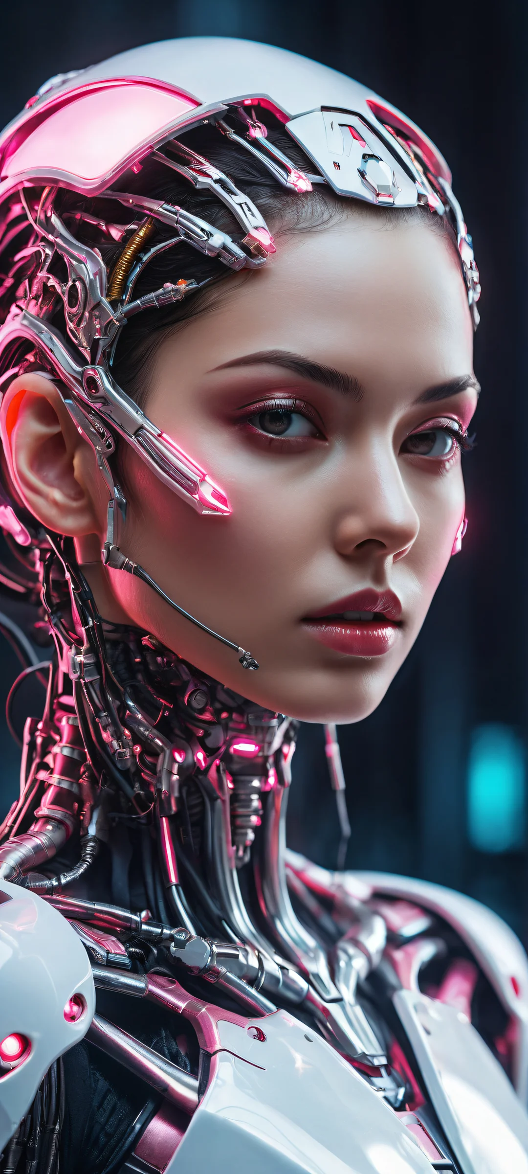 iPhone and Android users will love this stunning cyberpunk artwork of a cyborg girl repairing a detached skull with a glowing soldering iron.
