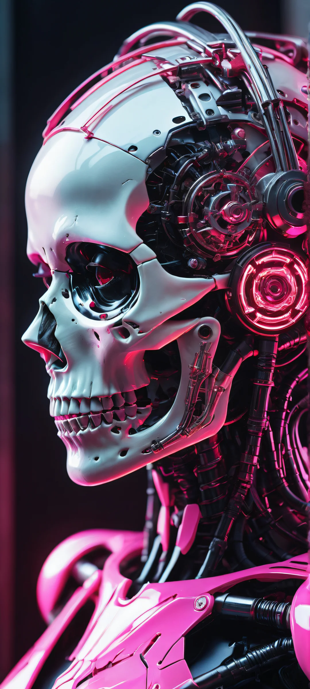 A cyborg girl intensely repairs a detached skull with a glowing soldering iron. iPhone/Android wallpaper for a stunning home screen.