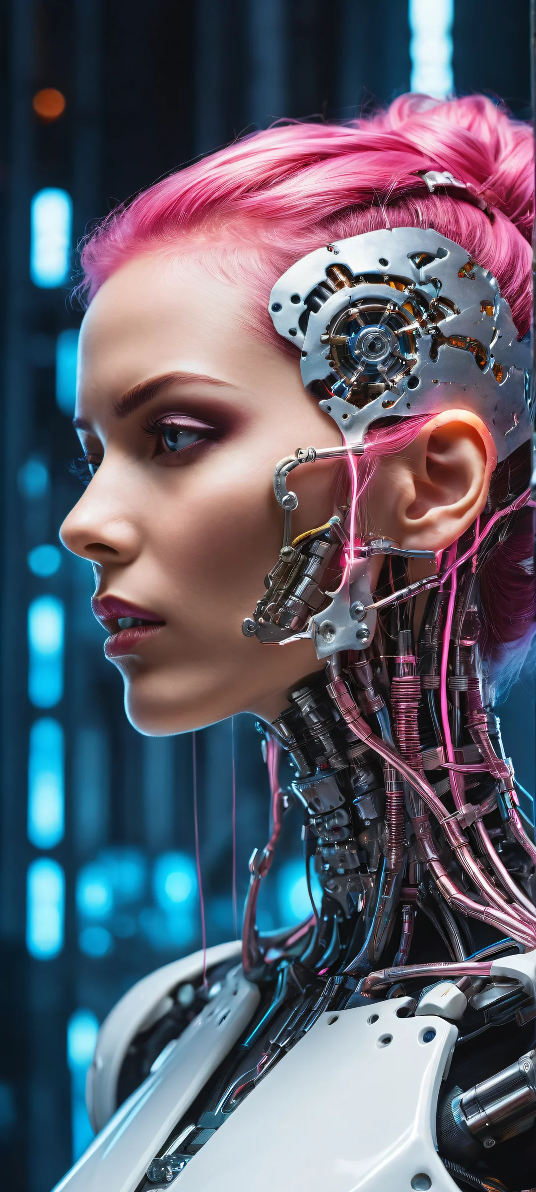 A cyborg girl repairs a detached skull with her glowing soldering iron on an empty void background. Perfect for iPhone or Android home screens.