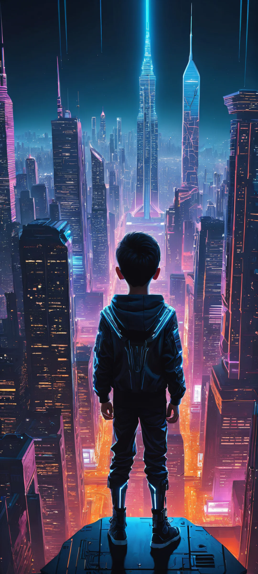 A futuristic cityscape with a lone cyborg boy standing in the lower-middle, iPhone と Android のホーム画面に完全に最適化.