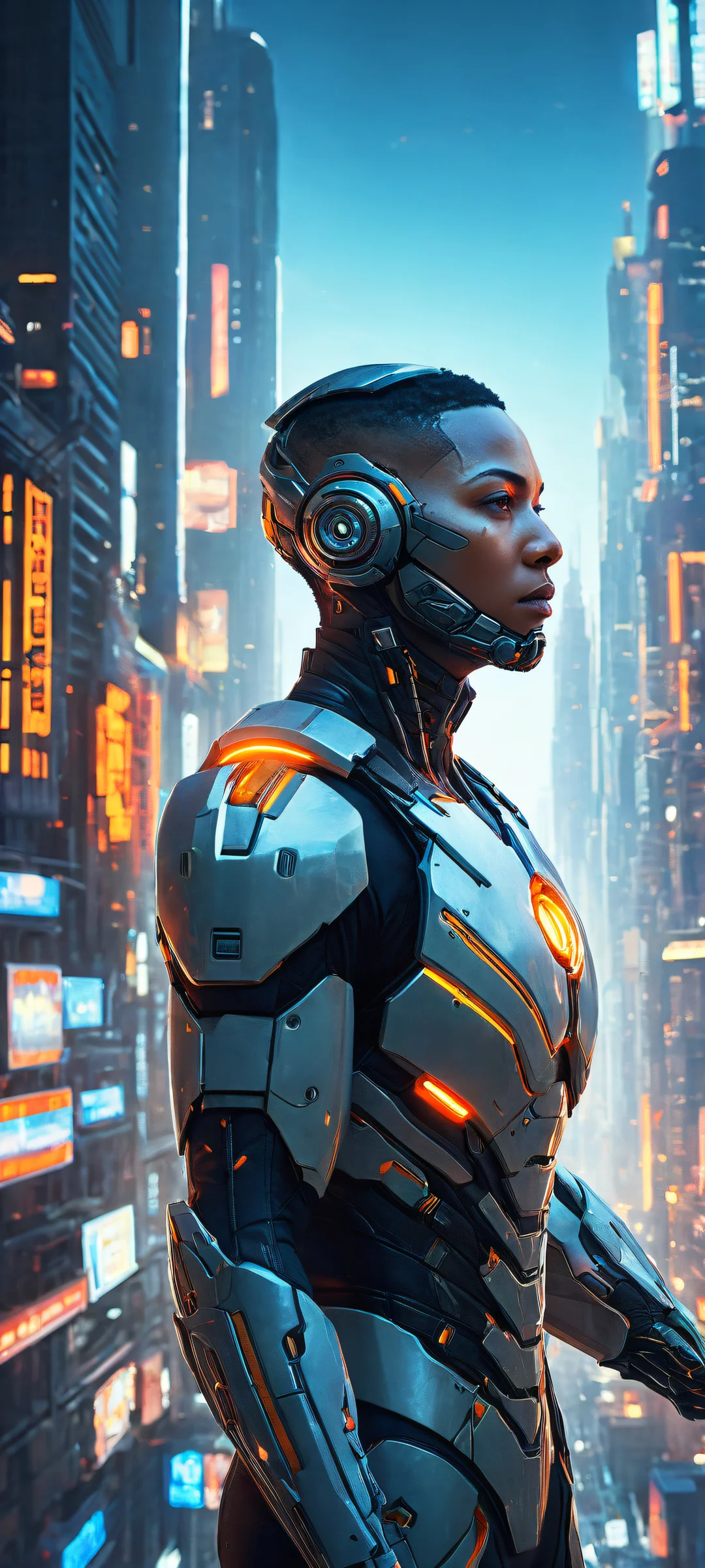 A cyborg gazes out at a dystopian cityscape on an iPhone or Android device.