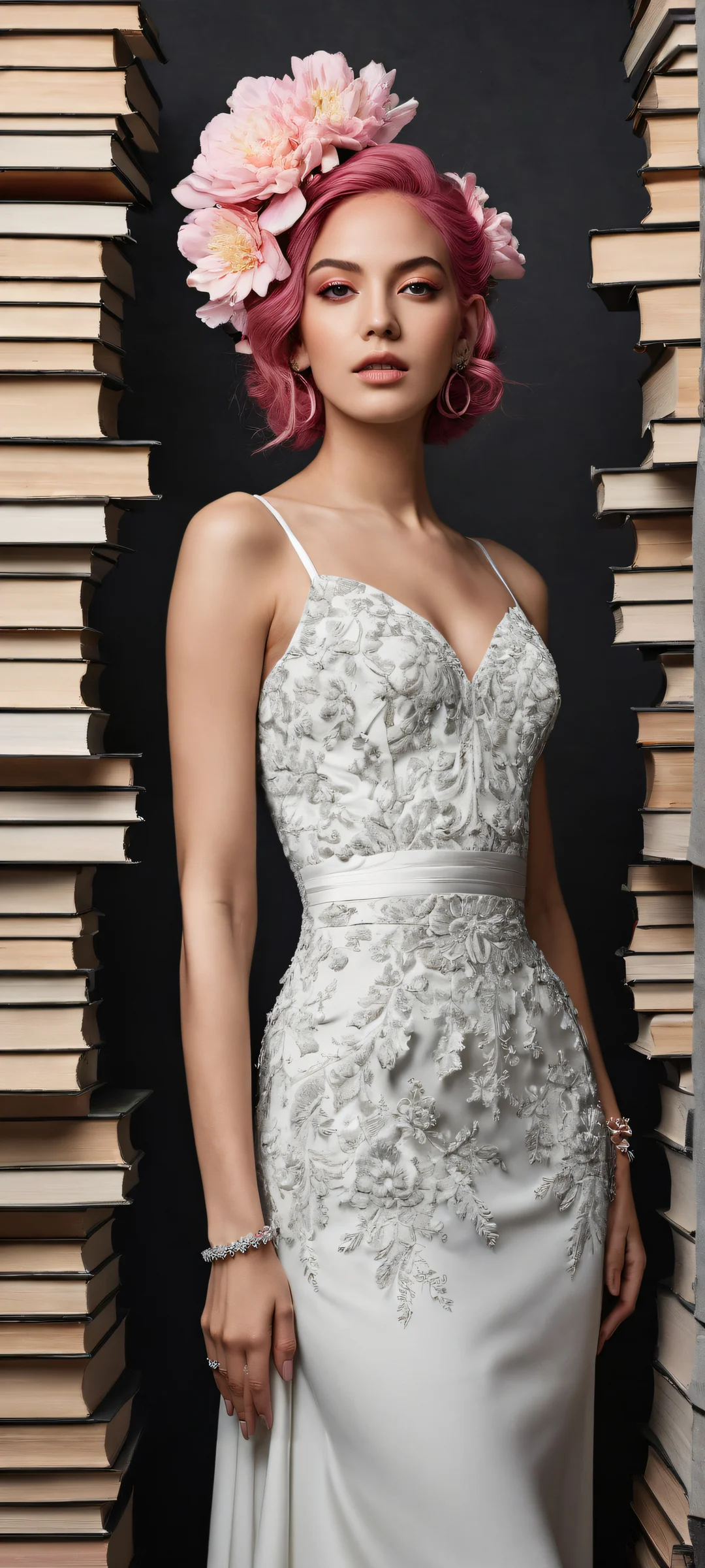 Cyrene's Whispering Wonders Lock Screen for iOS & Android Beautiful digital art of Cyrene with pink hair adorned with a flower, standing amidst books and accessories on an iPhone/Android home screen.