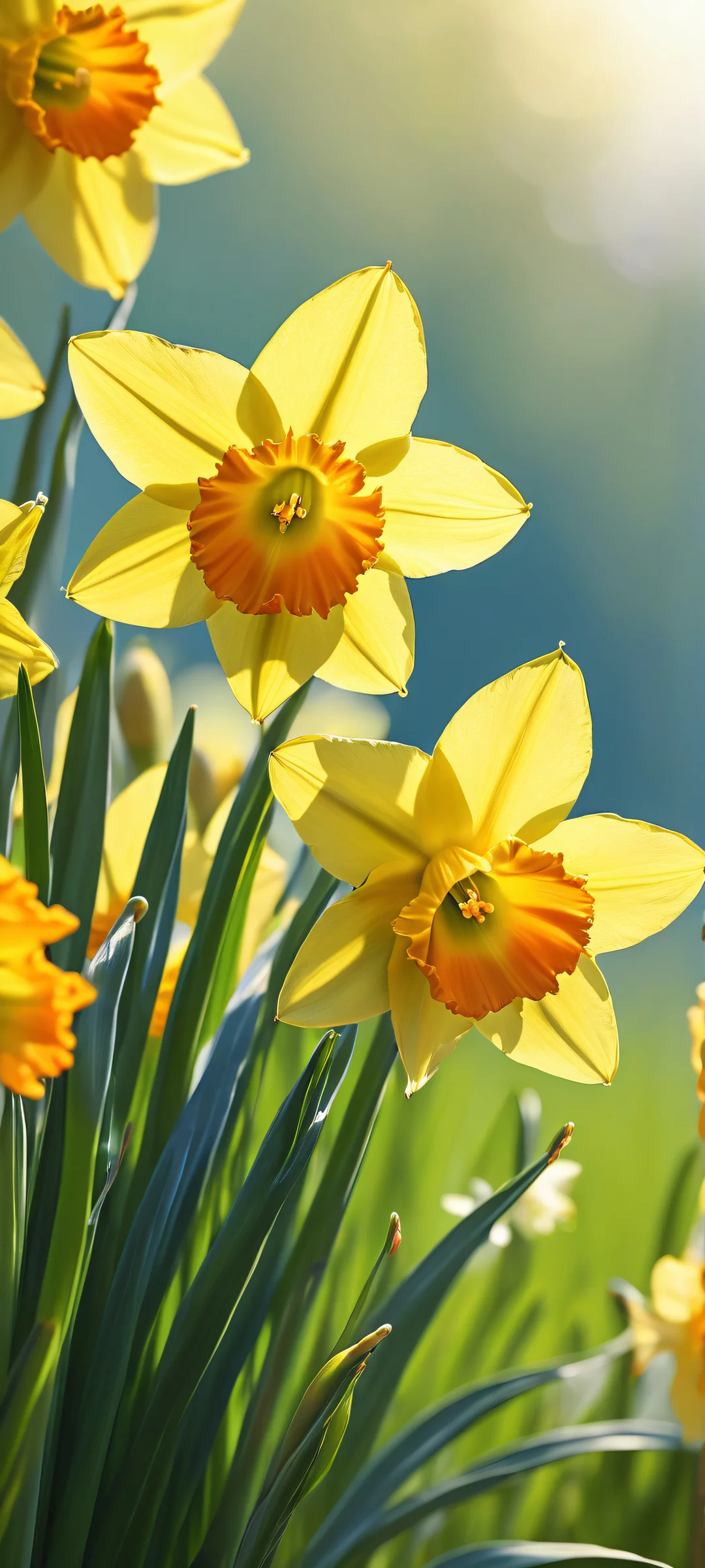 Daffodils Bloom Lock Screen for iOS & Android Stunning vertical portrait of daffodils on iPhone/Android with serene landscape and radiant colors.