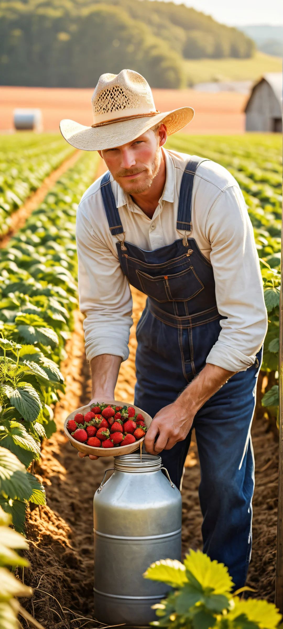 A serene farm scene featuring a farmer milking giant strawberries and blueberries on their iPhone/Android phone wallpaper