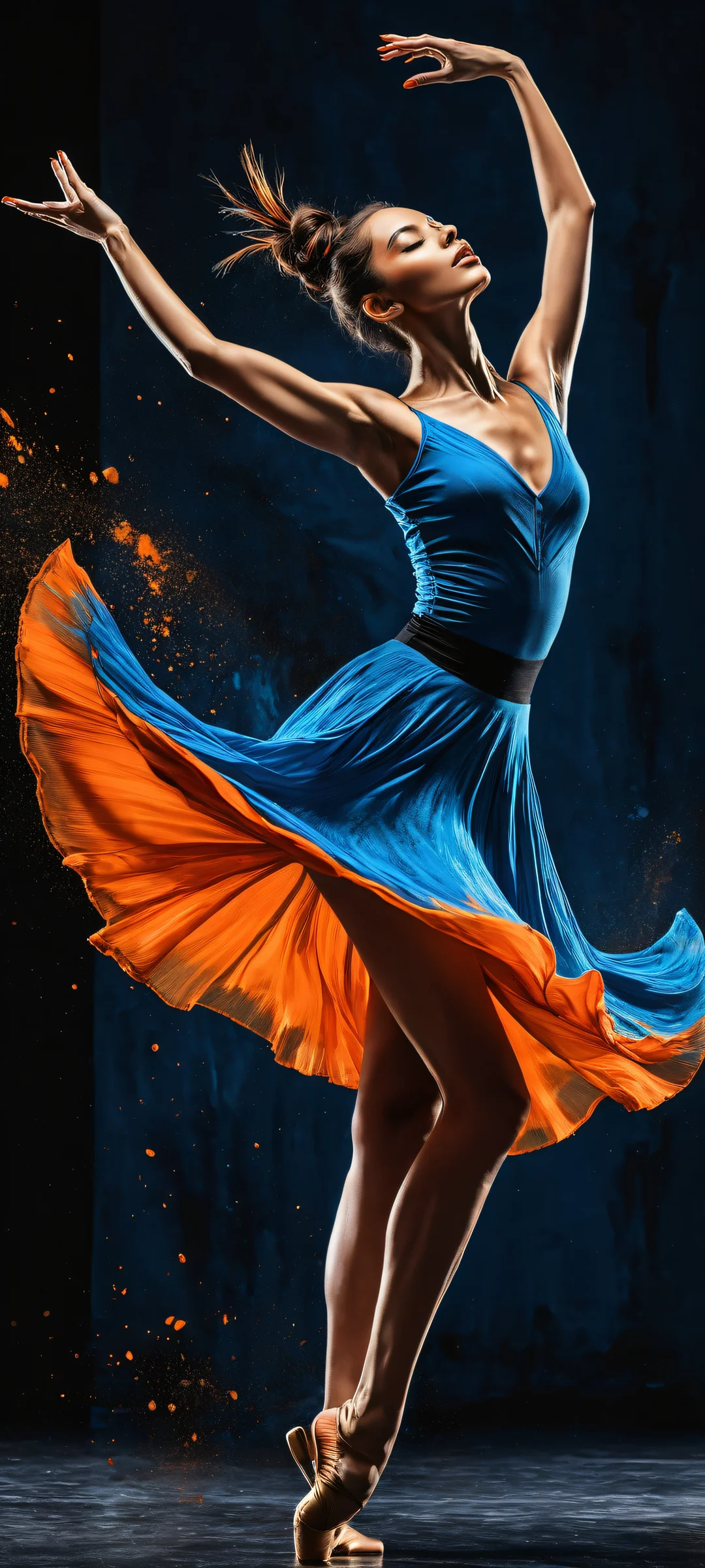 A stunning dancer in motion against a dynamic blue and orange background for iPhone/Android wallpapers, featuring intricate details and perfect contrast.