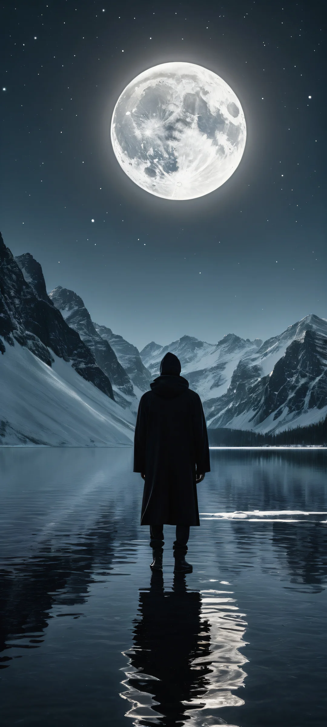 A lone wanderer walks across a frozen lake under the dark eclipse, perfectly optimized for iPhone and Android home screens.
