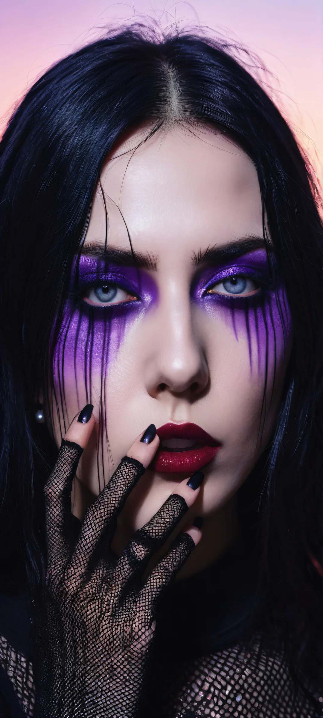 A gothic woman with a glitched censor bar poses in front of a terrifying scarecrow amidst a purple haze-filled field, perfect for iPhone/Android home screens.