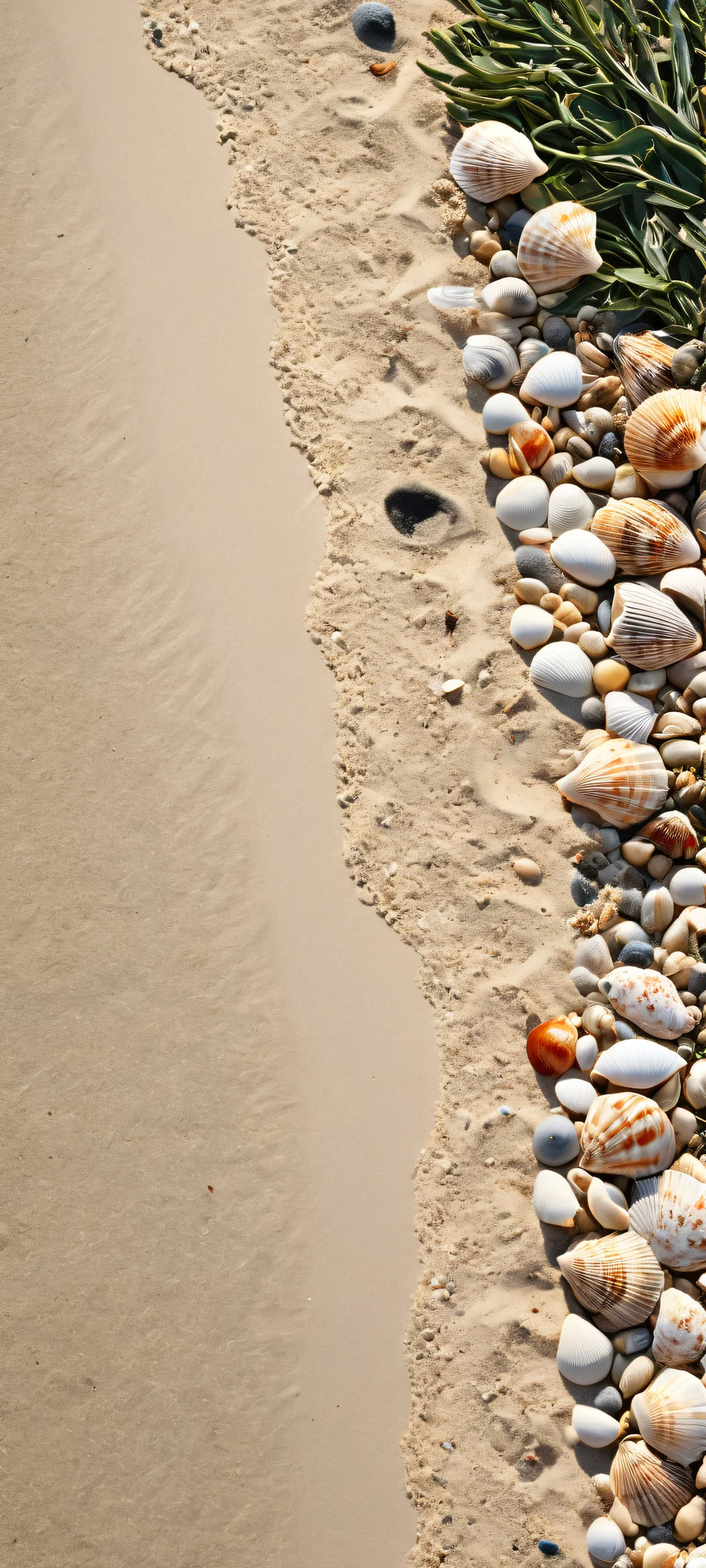Majestic beach scene with iPhone/Android, featuring shells, driftwood, and seaweed, perfectly optimized for home screens